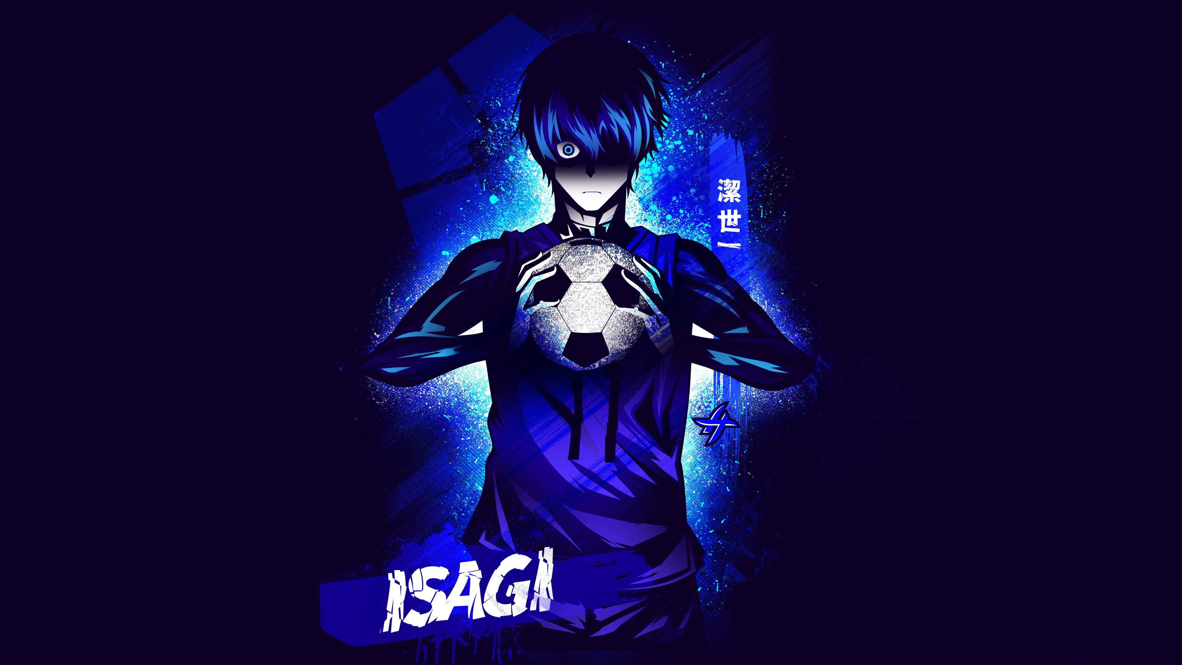 Yoichi Isagi from the Blue Lock anime series set against a dark blue aesthetic background.