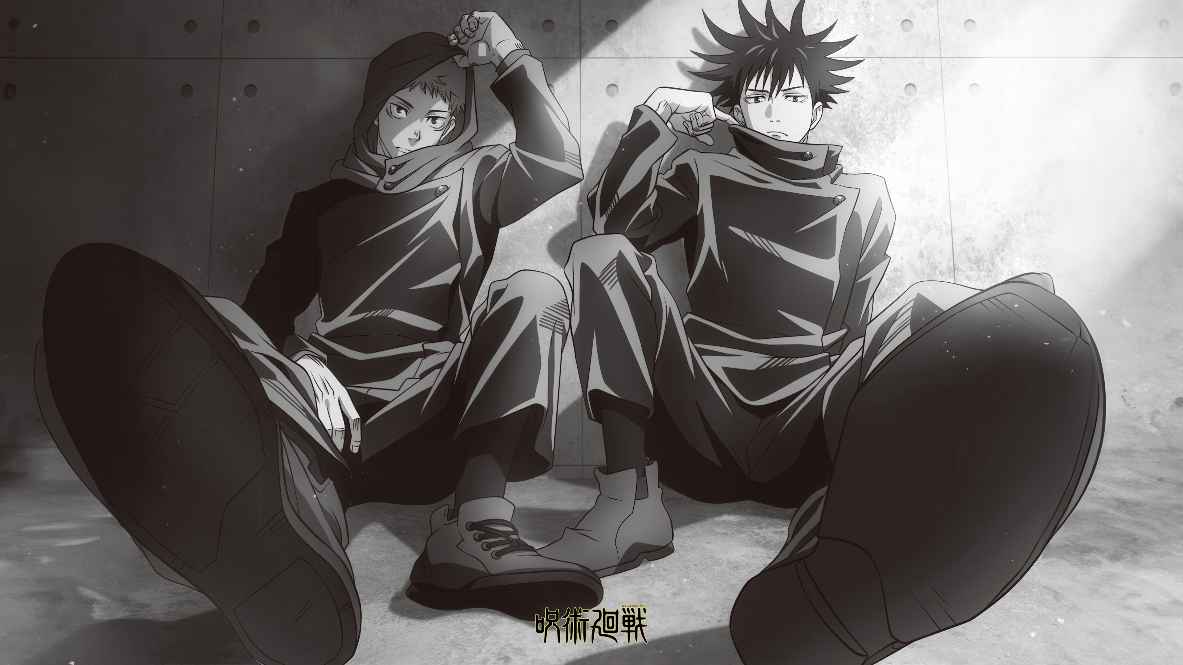 A high-resolution monochrome portrait of Yuji Itadori and Megumi Fushiguro from Jujutsu Kaisen.