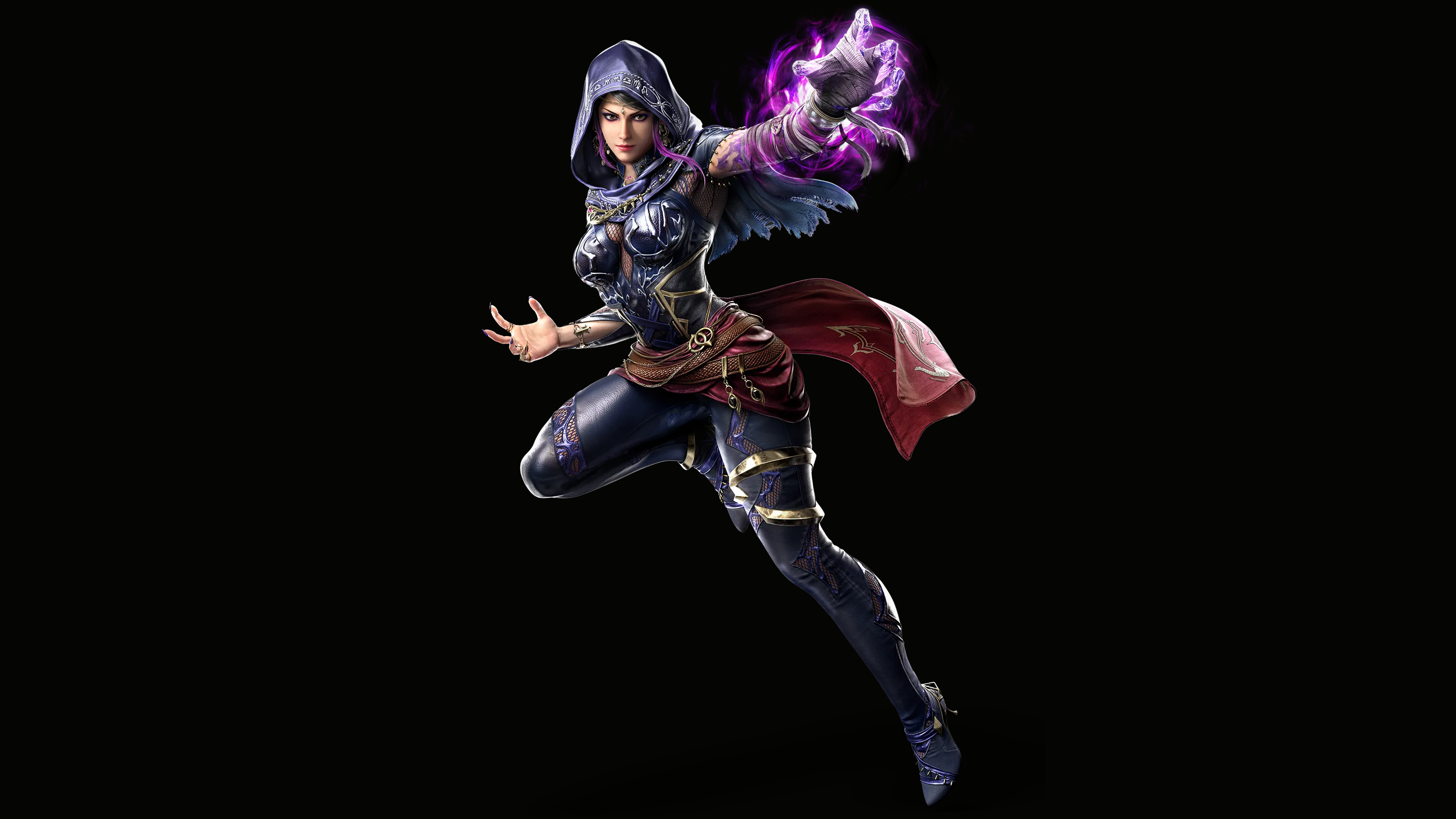 A cinematic portrait of Zafina from Tekken 8 set against a pitch-black background.