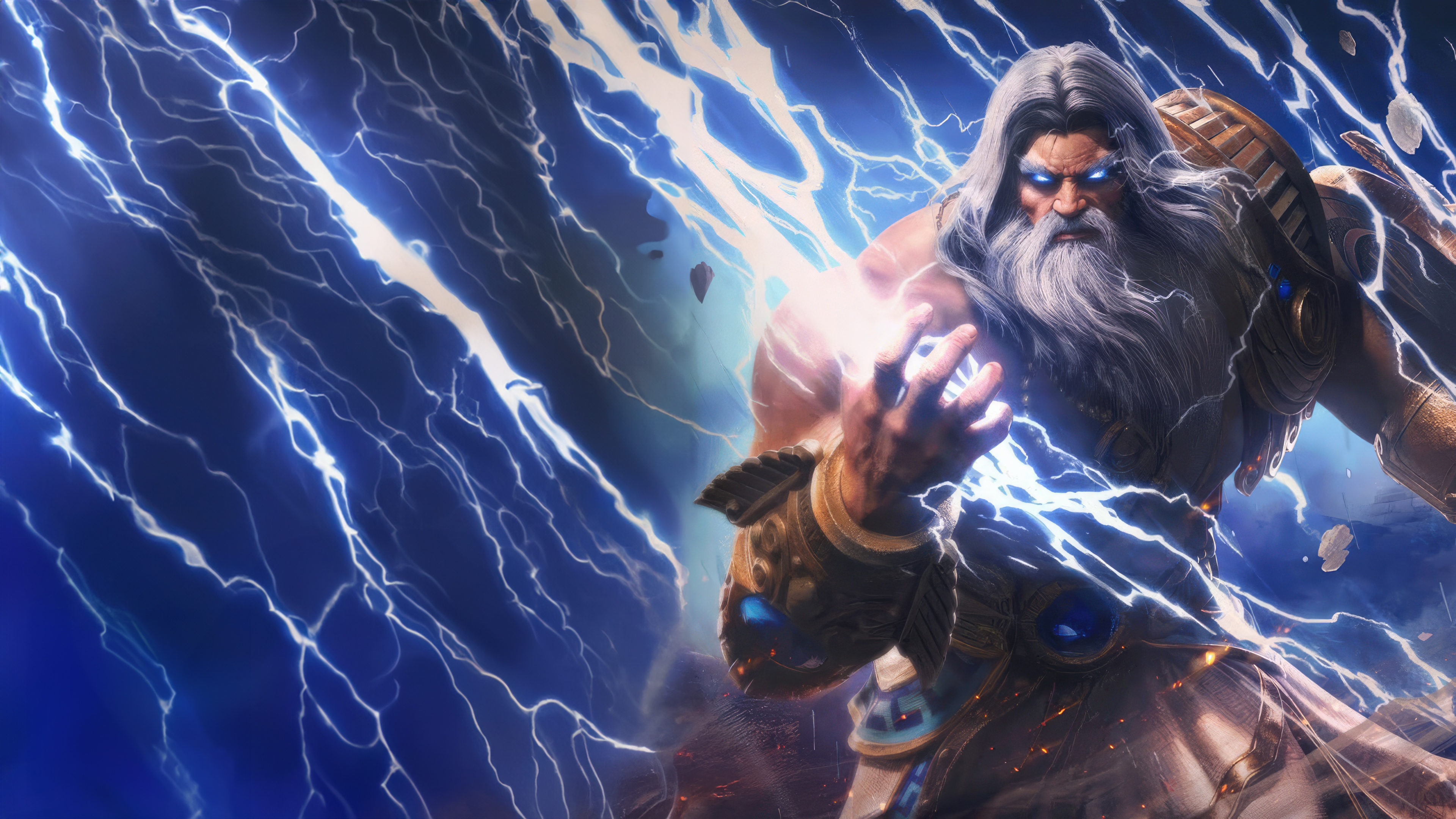 Zeus from the game Smite 2 surrounded by divine energy and lightning bolts.