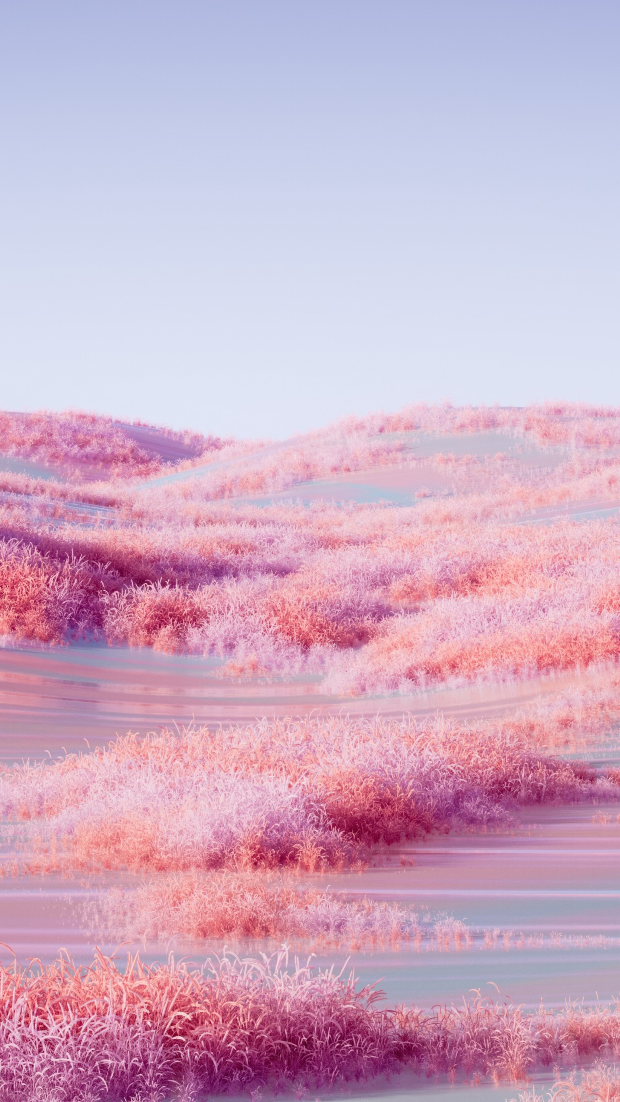 A surreal landscape of rolling hills covered in lush pink grass under a dreamy, soft atmosphere.