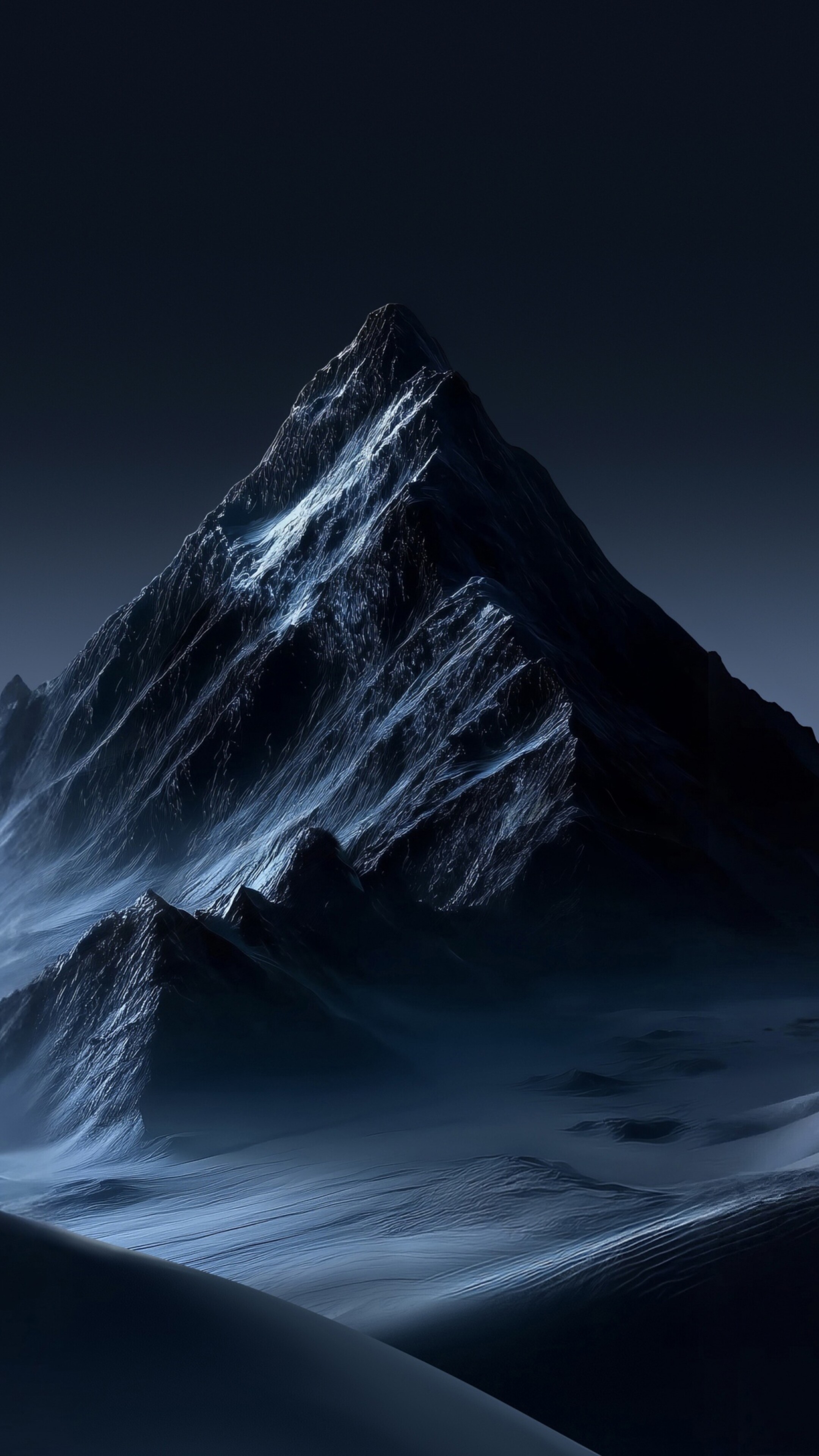 Snowy mountain peaks under a dark blue night sky in an ethereal landscape