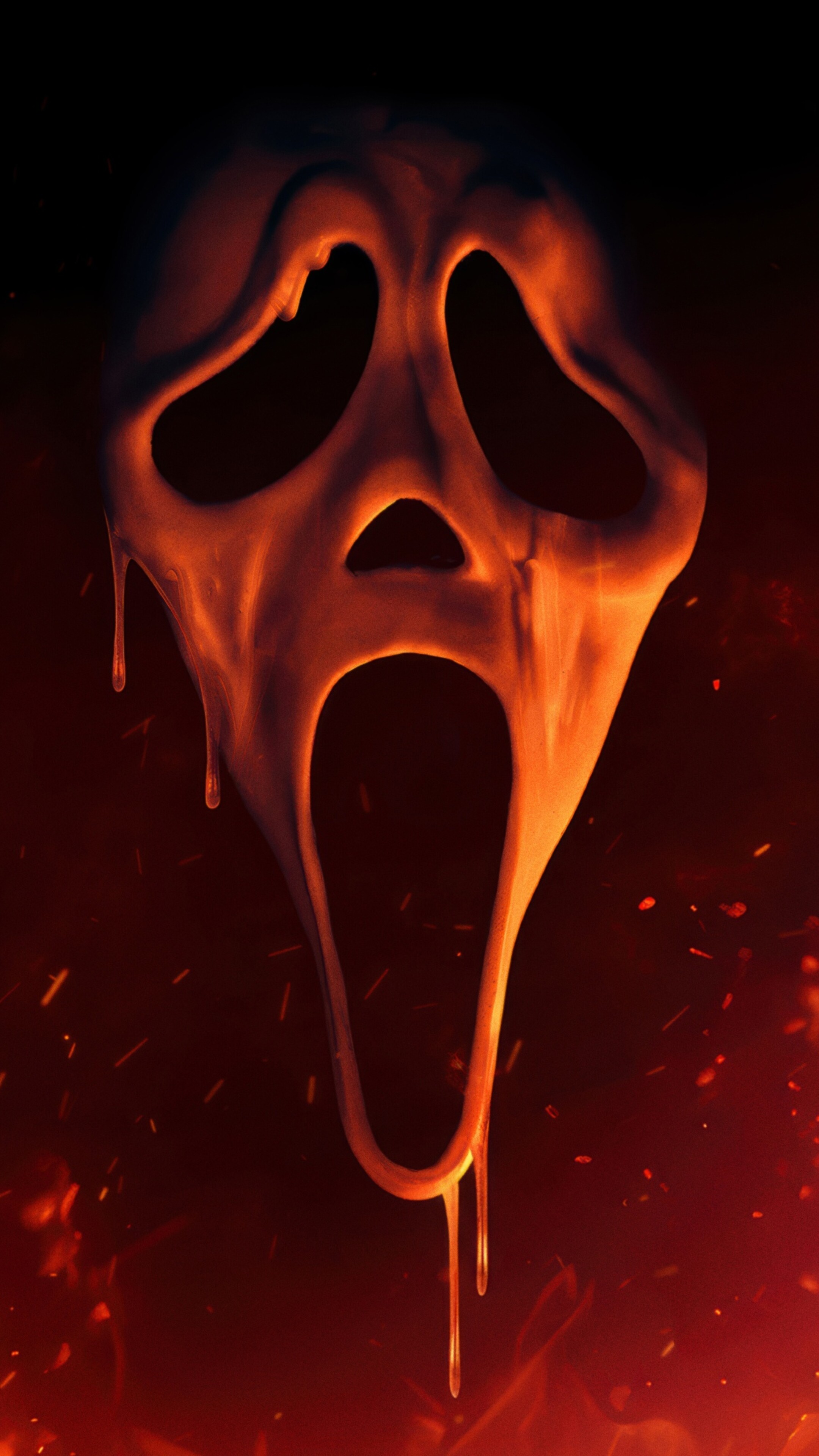 Ghostface from the Scream franchise wearing his iconic mask surrounded by dramatic fire and embers.