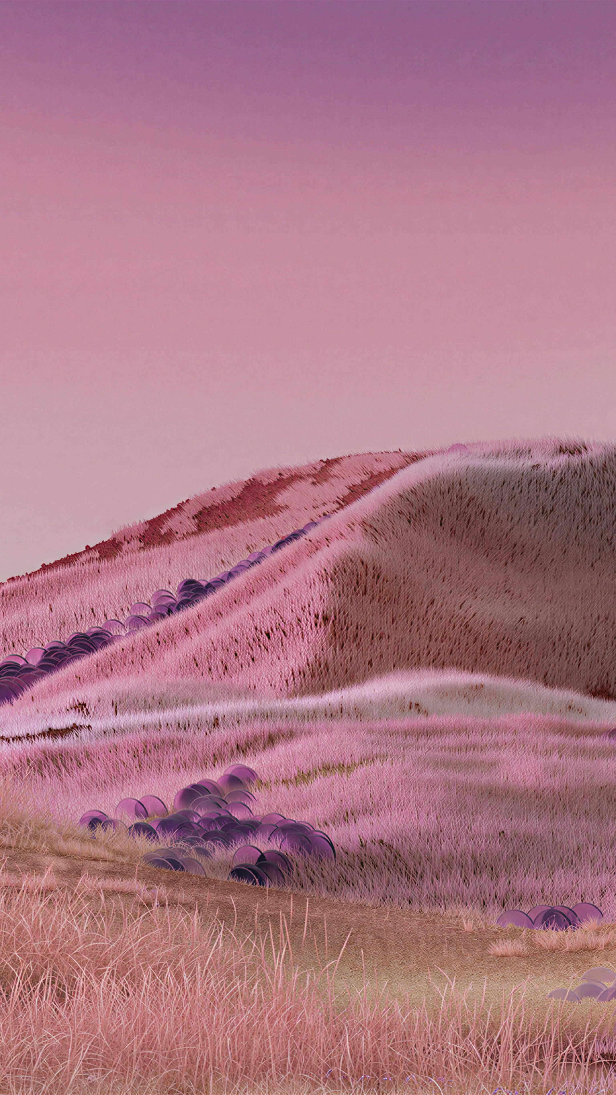 A dreamy, surreal landscape of rolling pink hills under a soft gradient sky.