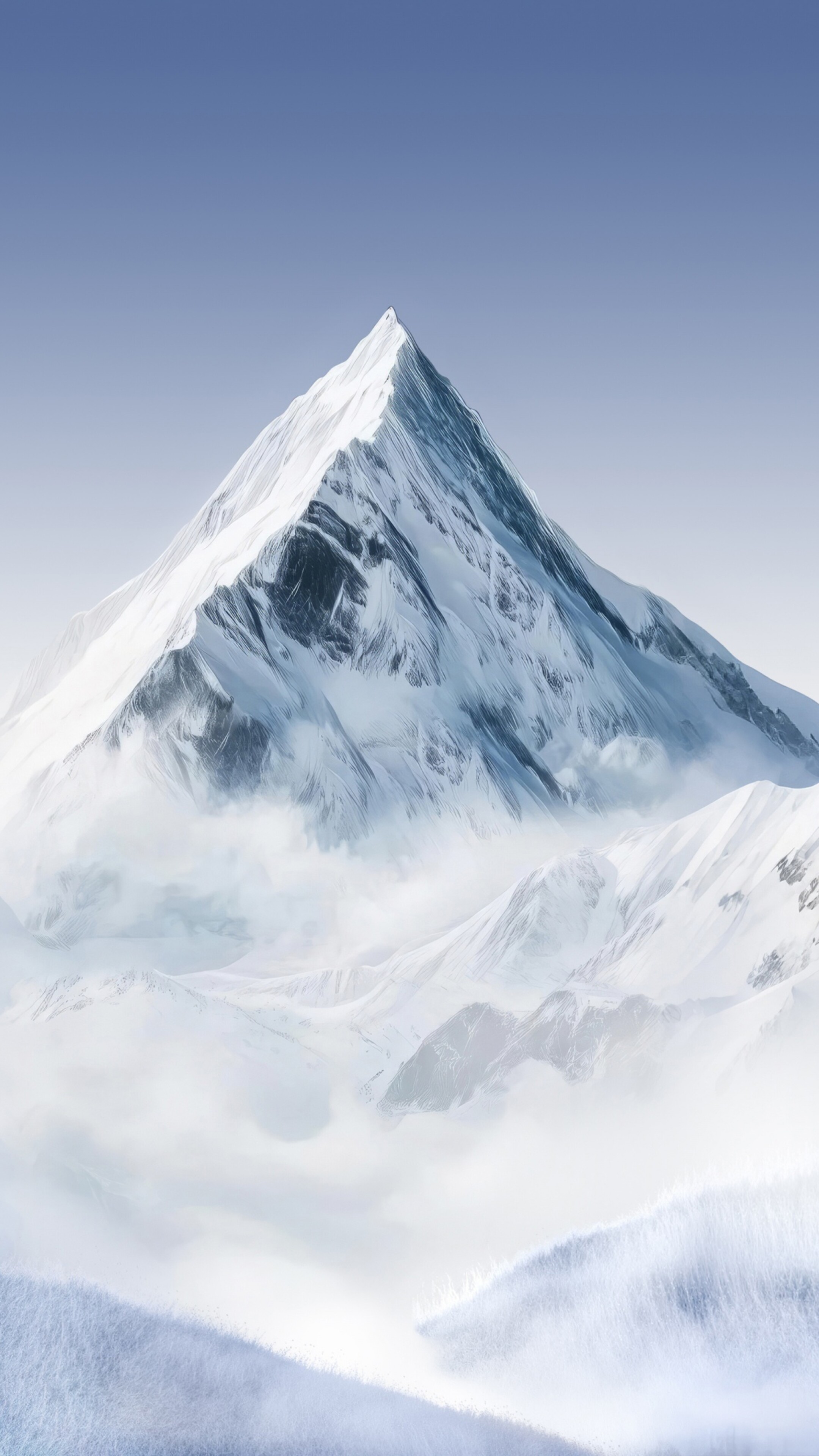 A panoramic view of snowy mountain peaks under a cloudy white sky in a minimalist white aesthetic.