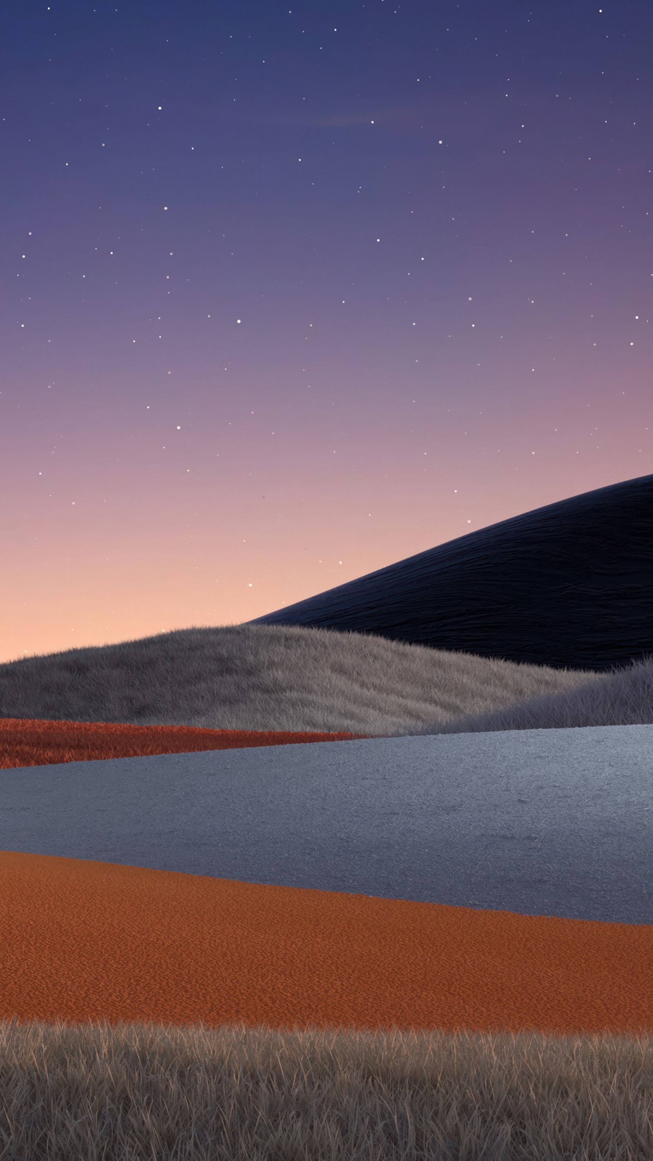 A serene landscape of rolling green hills under a warm sunset and a vast, starry twilight sky.