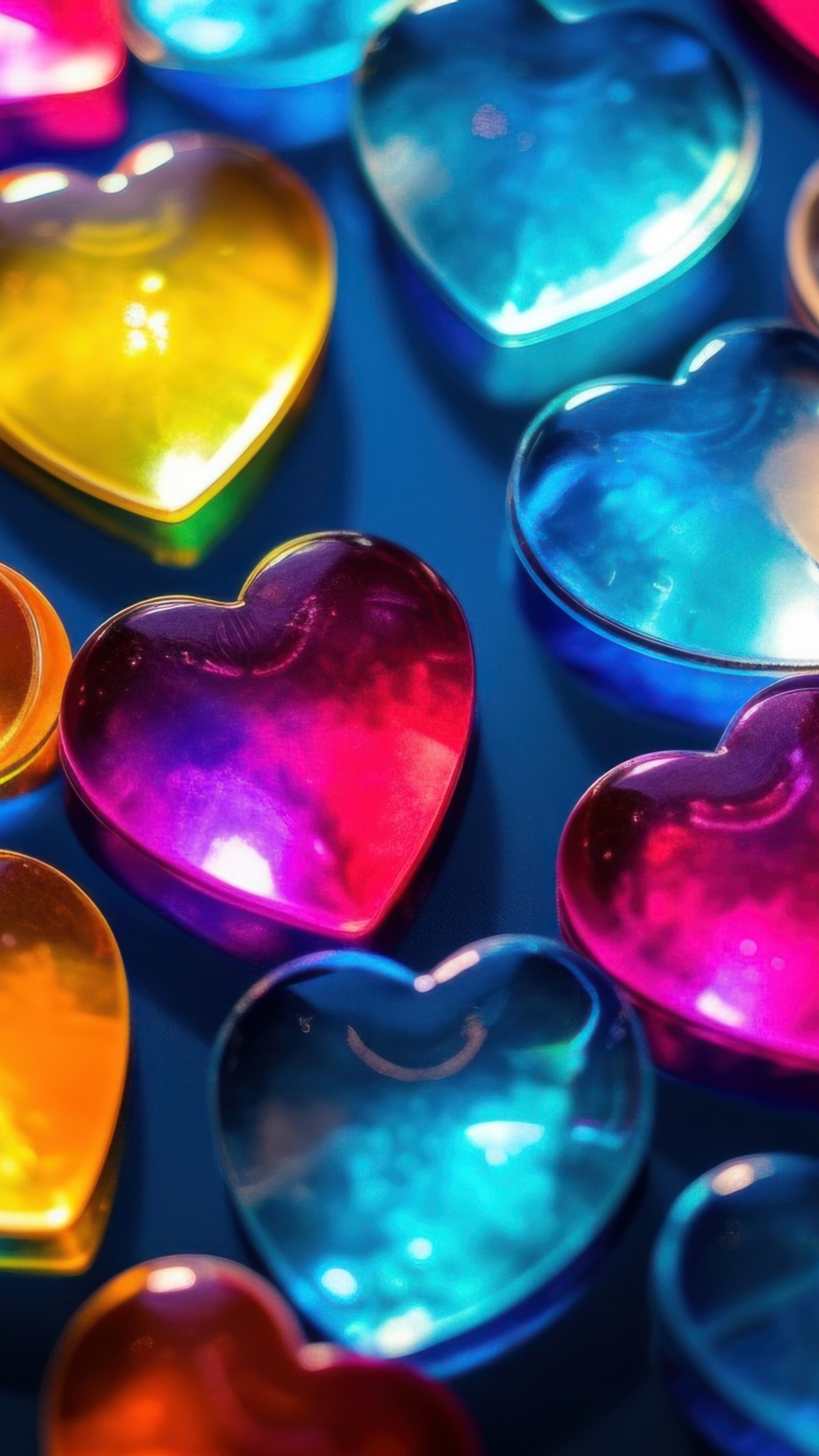A collection of colorful 3D hearts floating on a blue background.