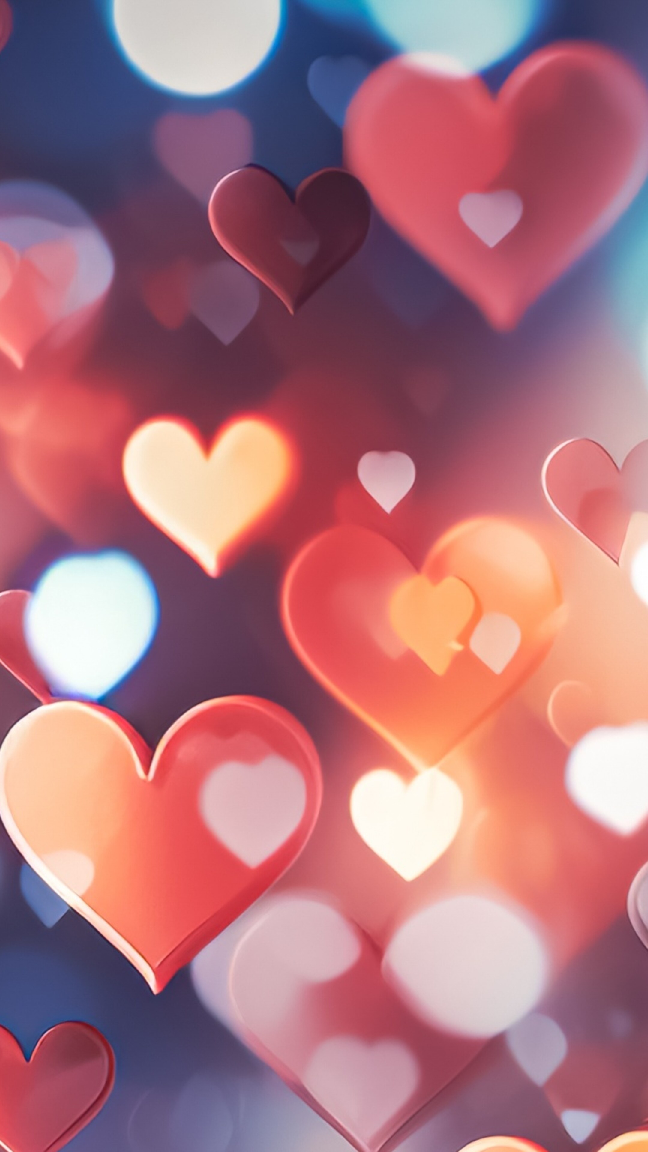 A collection of colorful, translucent hearts floating in front of a soft, multi-colored bokeh light background.