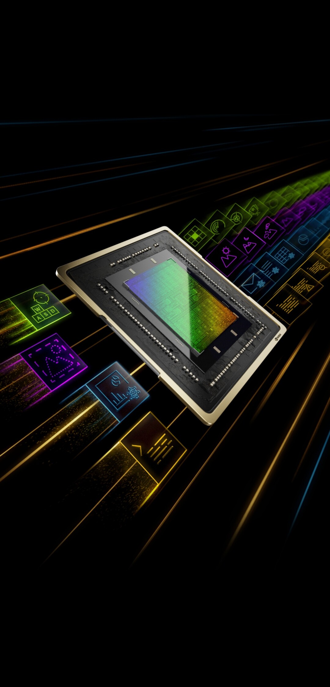 Close-up macro shot of a high-performance Nvidia GPU processor chip on a dark background.