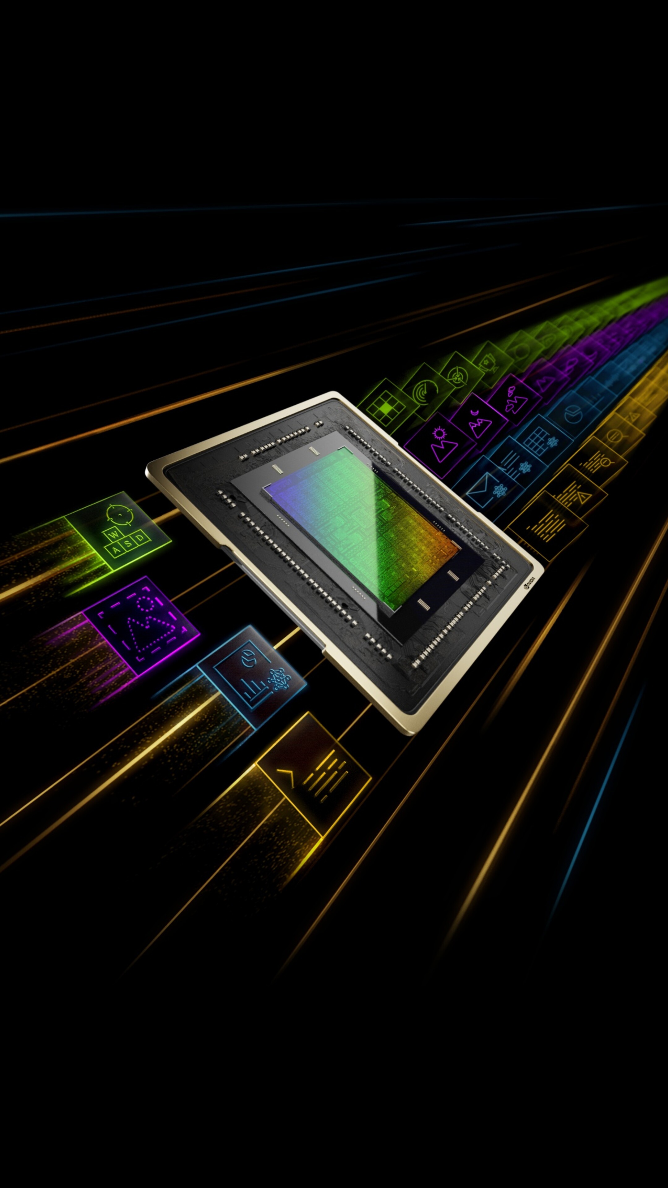 Close-up macro shot of a high-performance Nvidia GPU processor chip on a dark background.