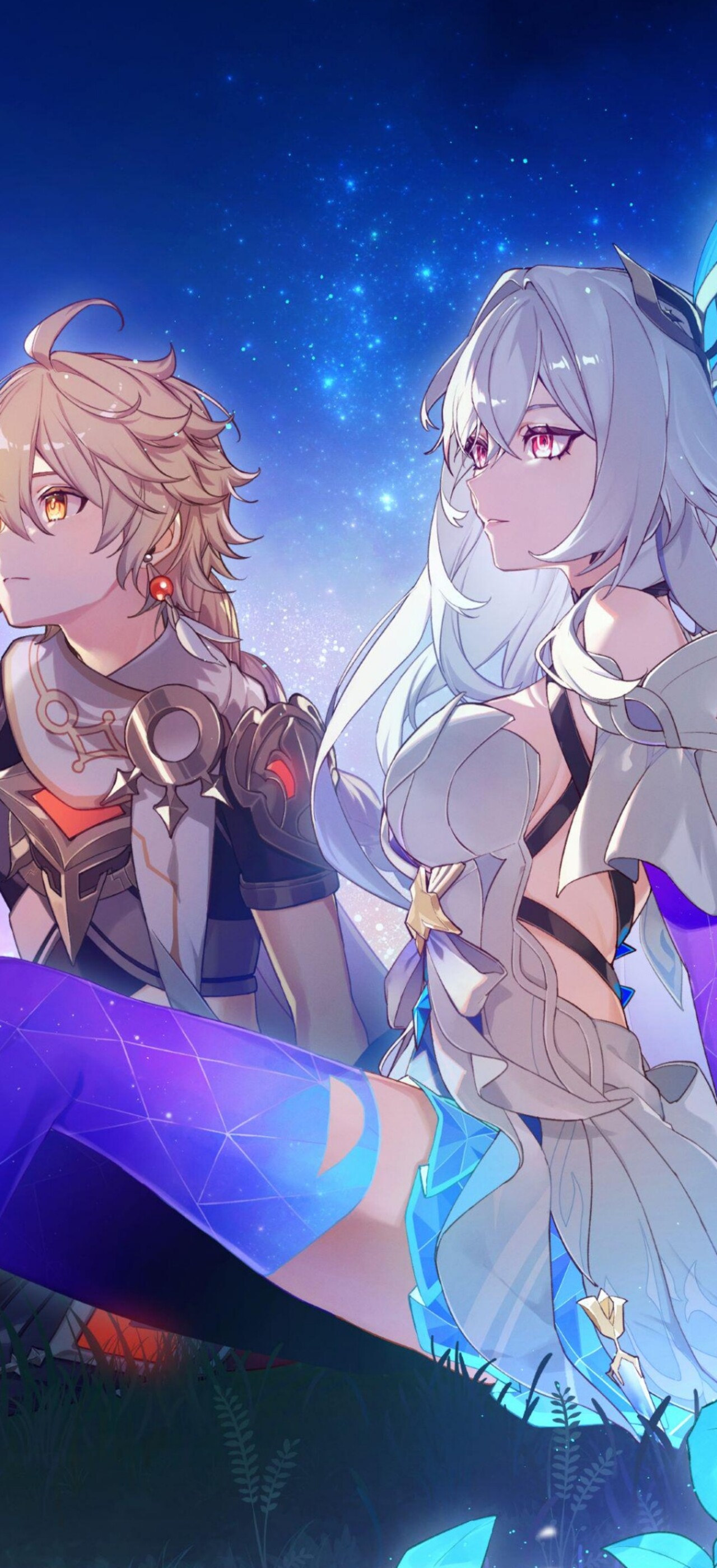 Aether and Skirk from Genshin Impact posing together as a couple under a magnificent starry night sky.