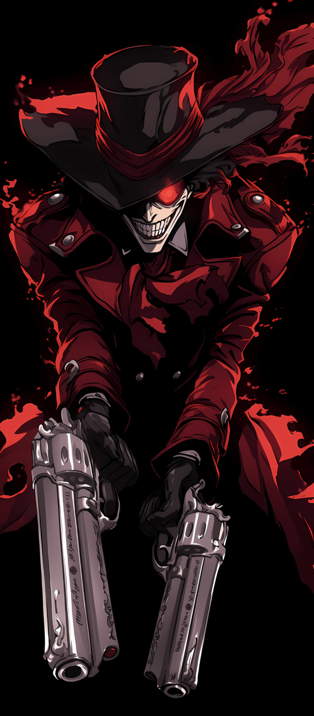 Alucard from Hellsing holding his iconic guns against a black background