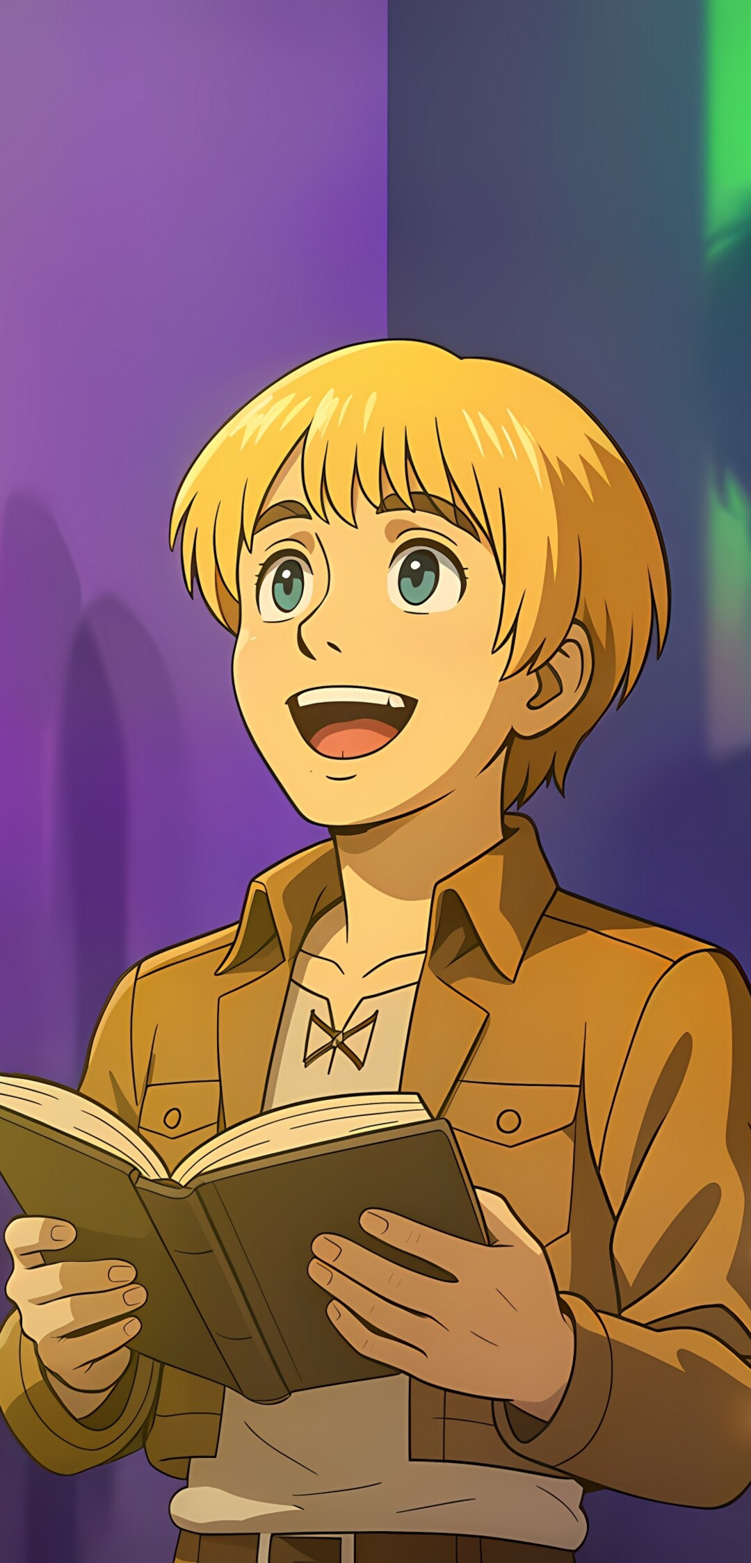A minimalist and colorful illustration of Armin Arlert from Attack on Titan smiling while reading a book.
