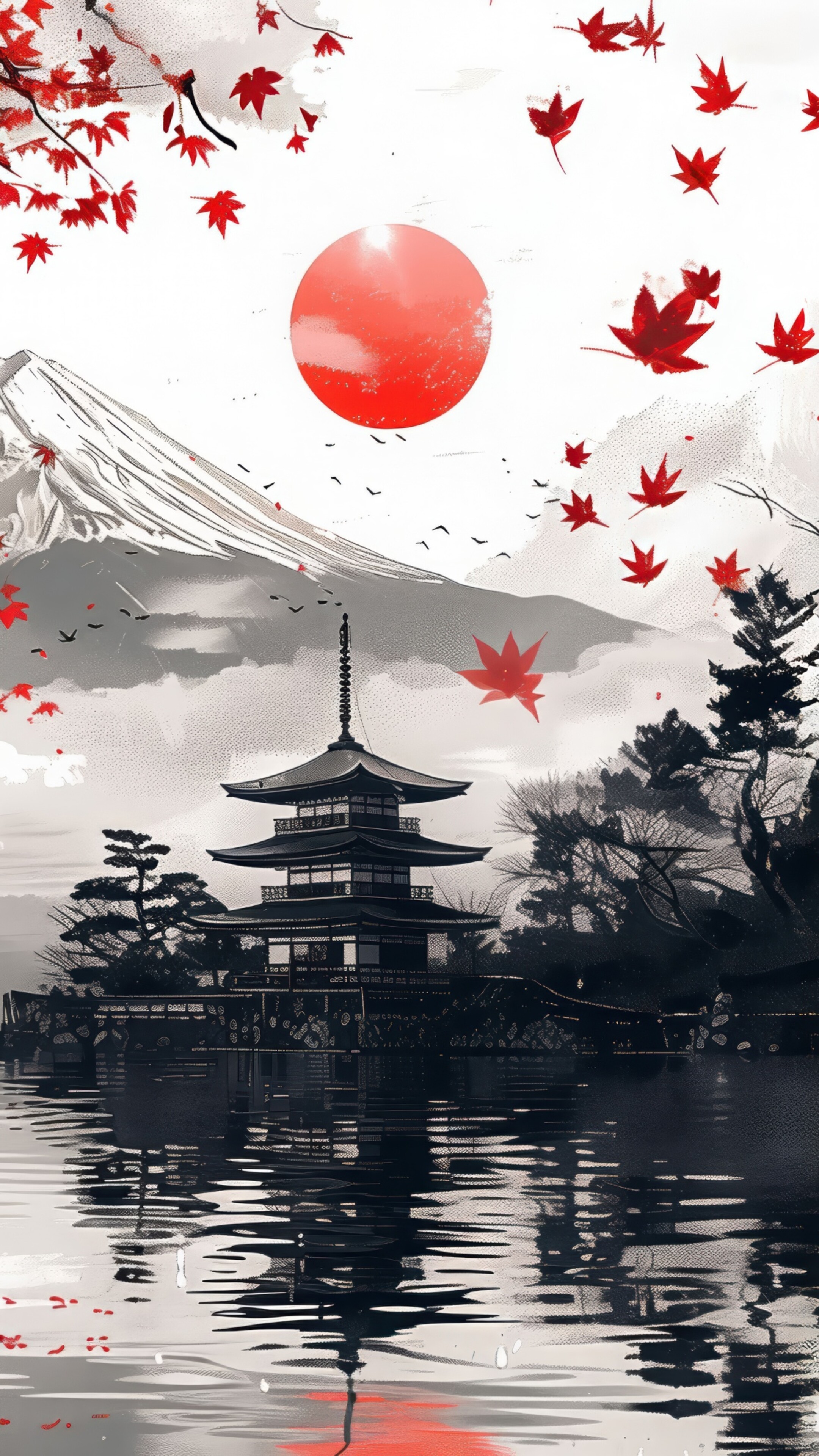 A scenic view of Mount Fuji with a traditional Japanese pagoda and vibrant red maple trees during the autumn season, featuring a striking red aesthetic.