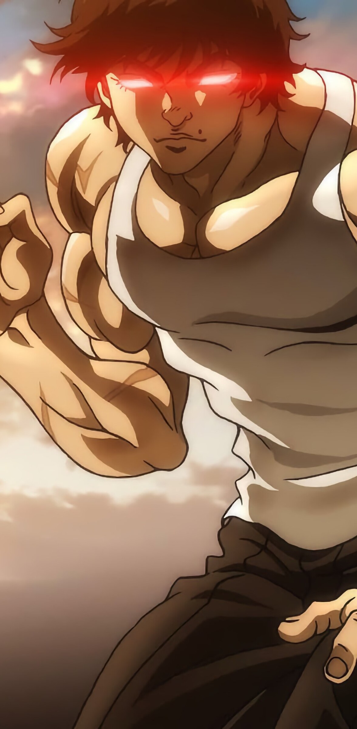 A hyper-muscular Baki Hanma from the Baki anime series displaying incredible physical strength and intensity.