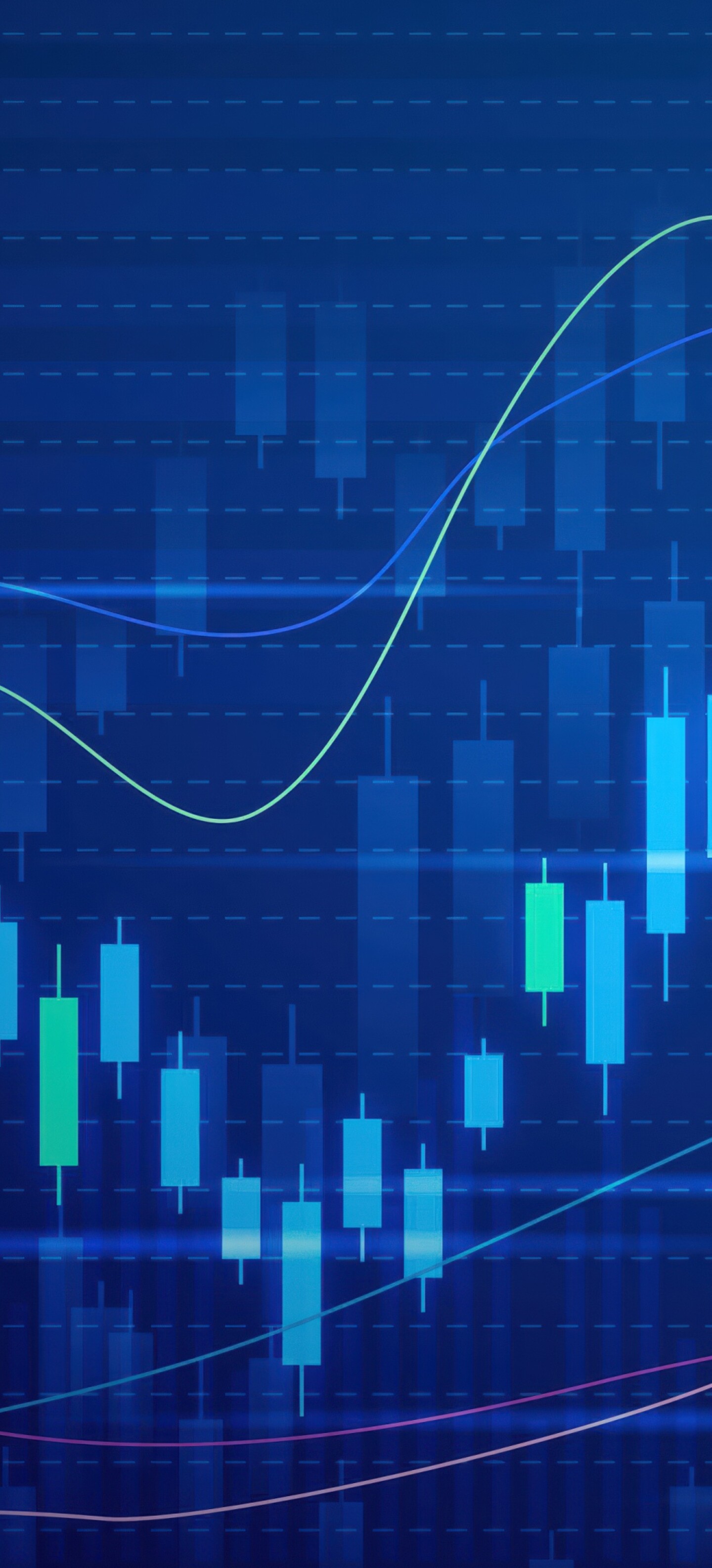 Digital illustration of red and green candlestick patterns on a professional blue background representing stock market trading.
