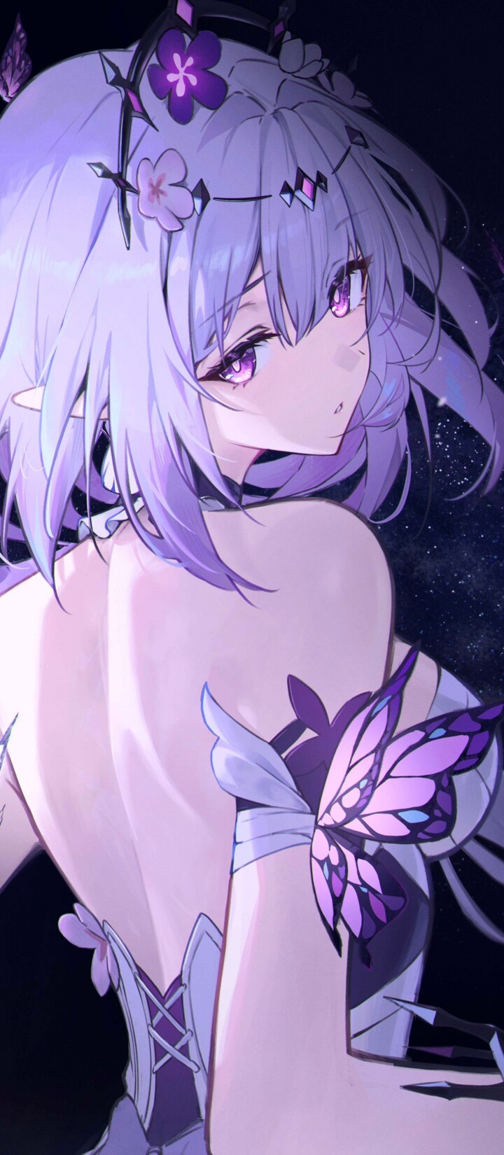 An anime girl named Castorice featuring a rich purple aesthetic and design elements inspired by Honkai: Star Rail.