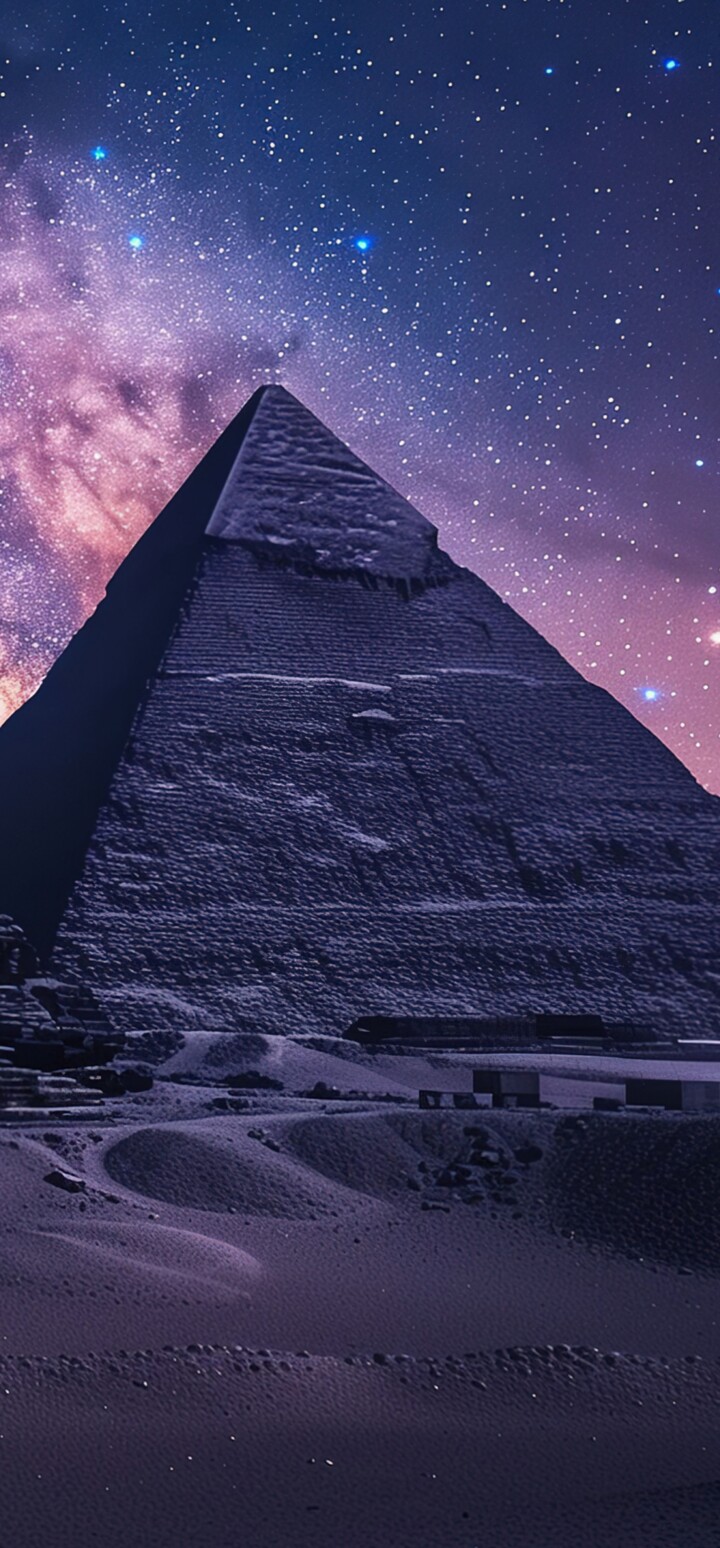 The Great Pyramids of Giza beneath a vibrant and colorful Milky Way galaxy in a clear night sky.
