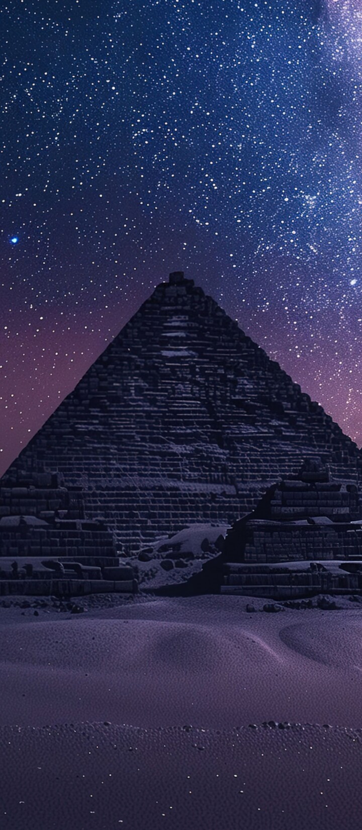 The Great Pyramids of Giza positioned under a brilliant Milky Way galaxy and a vast starry night sky.