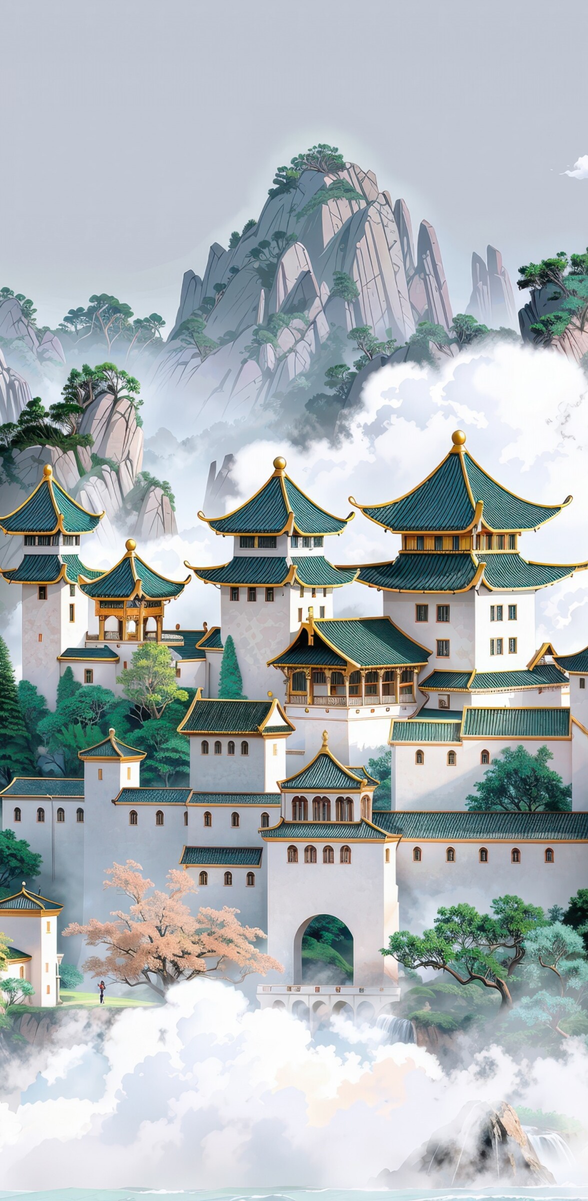 Surreal digital art of an ancient Asian temple surrounded by majestic mountains and dense, swirling clouds.