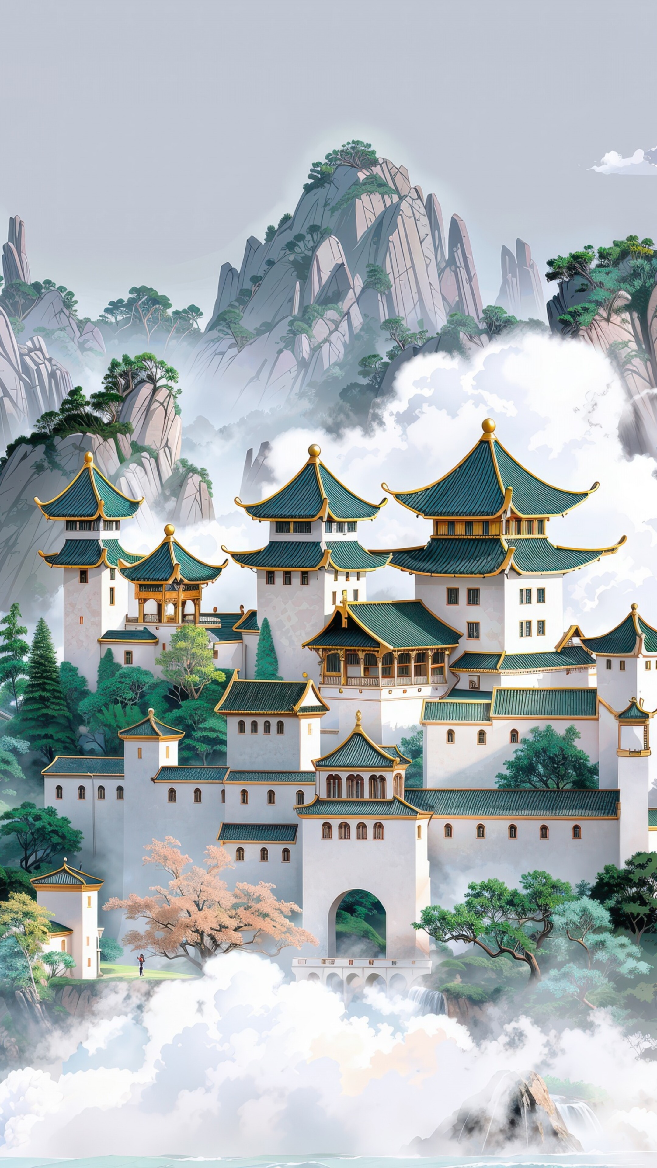 Surreal digital art of an ancient Asian temple surrounded by majestic mountains and dense, swirling clouds.