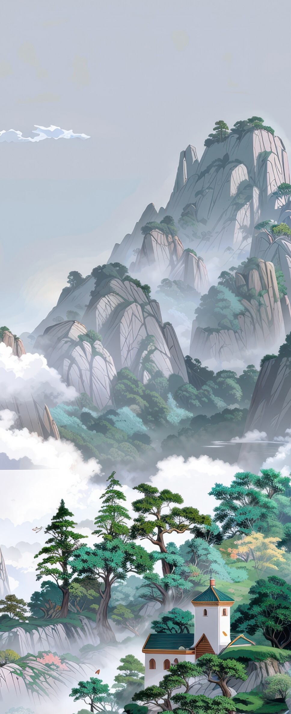 A surreal digital painting of a traditional Asian temple perched atop misty, high-altitude mountains surrounded by thick clouds.