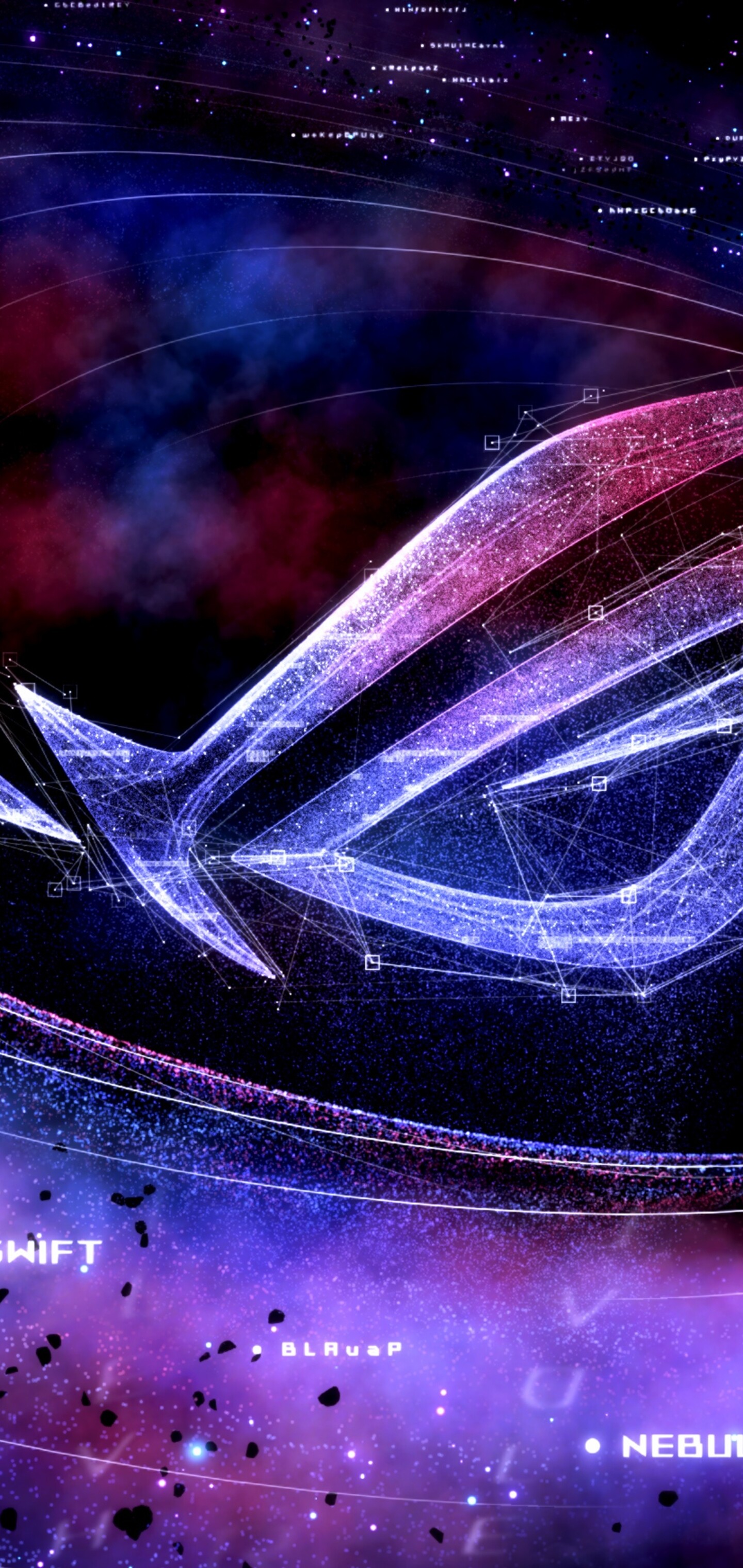 A futuristic gaming logo inspired by ASUS ROG, featuring a glowing emblem amidst a colorful supernova and galactic background.