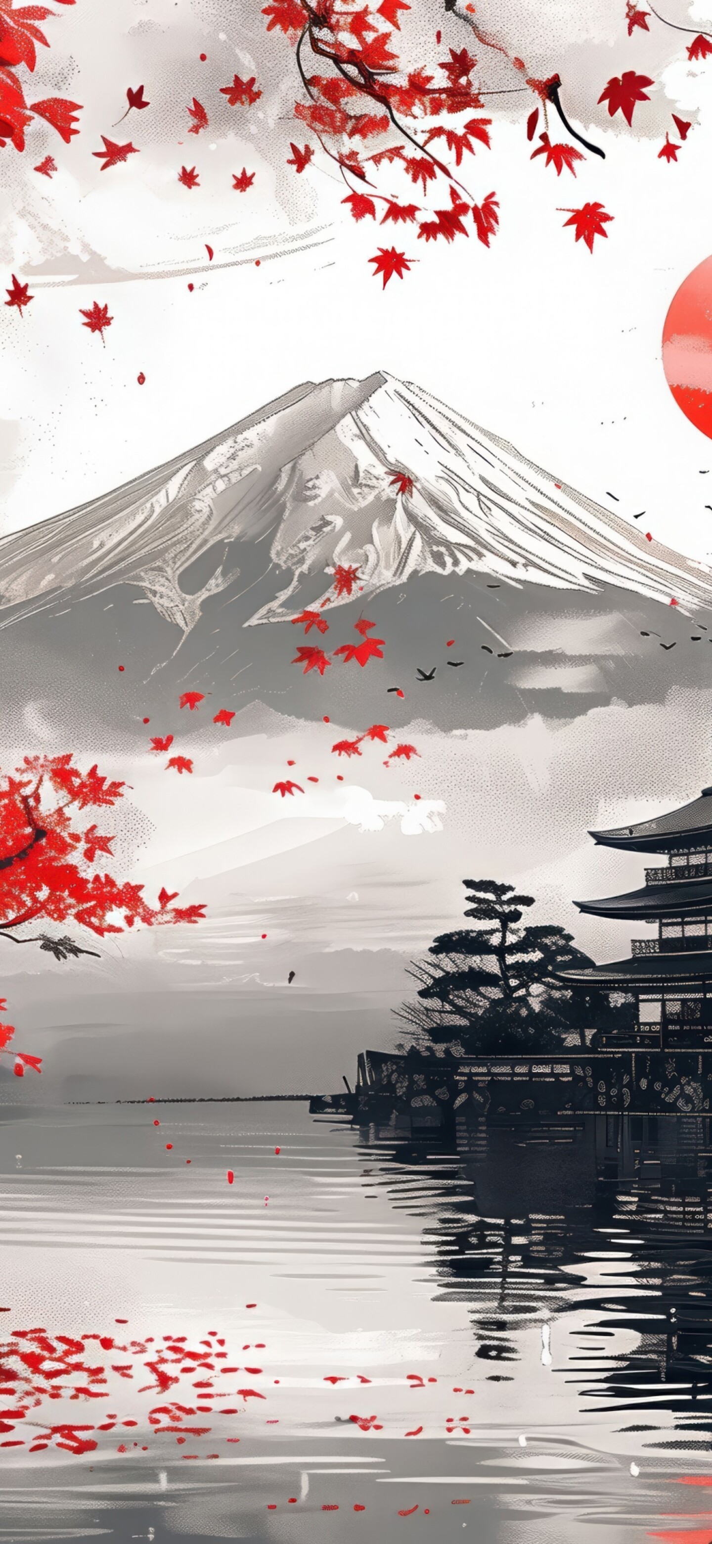 A majestic view of Mount Fuji framed by vibrant red maple leaves and a traditional Japanese pagoda during the autumn season.