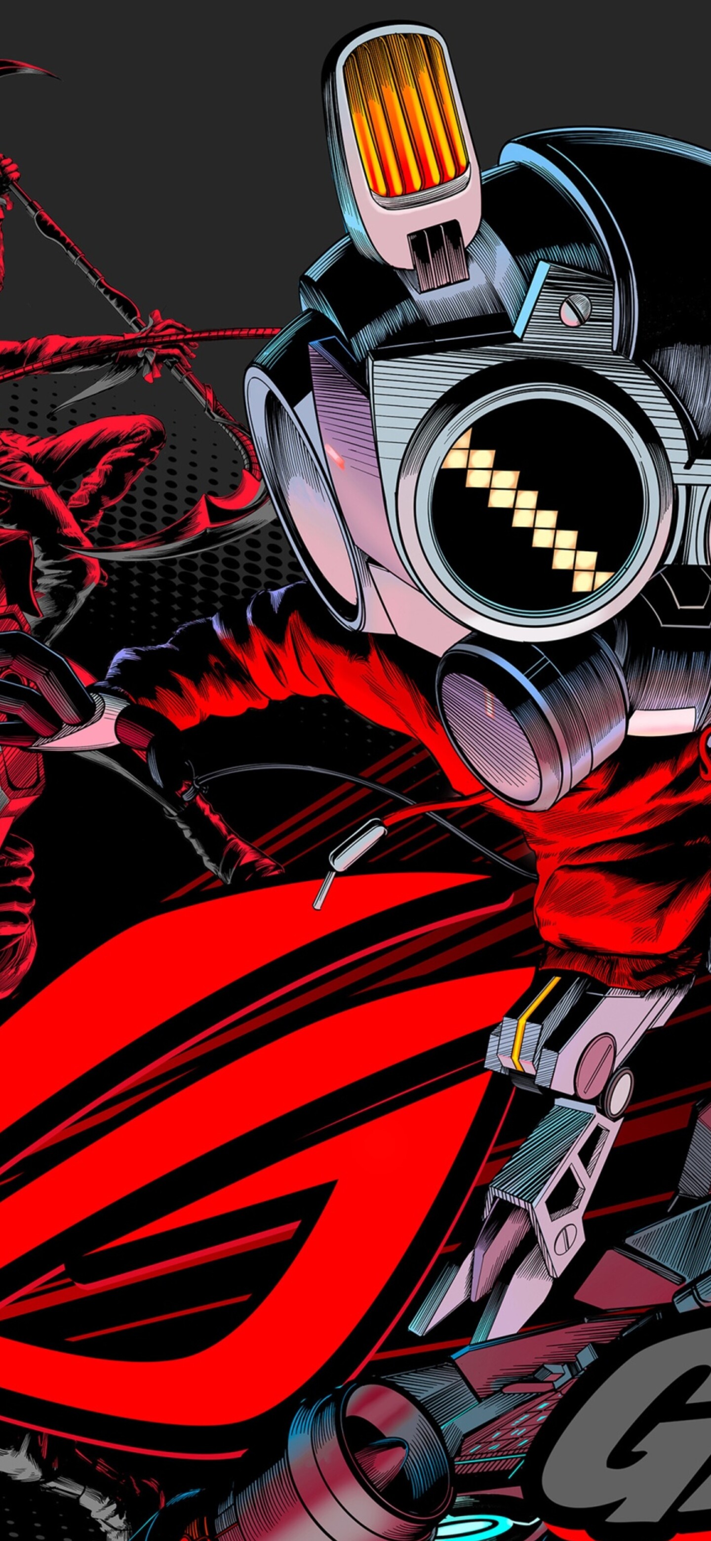 A futuristic cybernetic figure with glowing red neon lights and ASUS ROG branding in a dark, high-tech environment.
