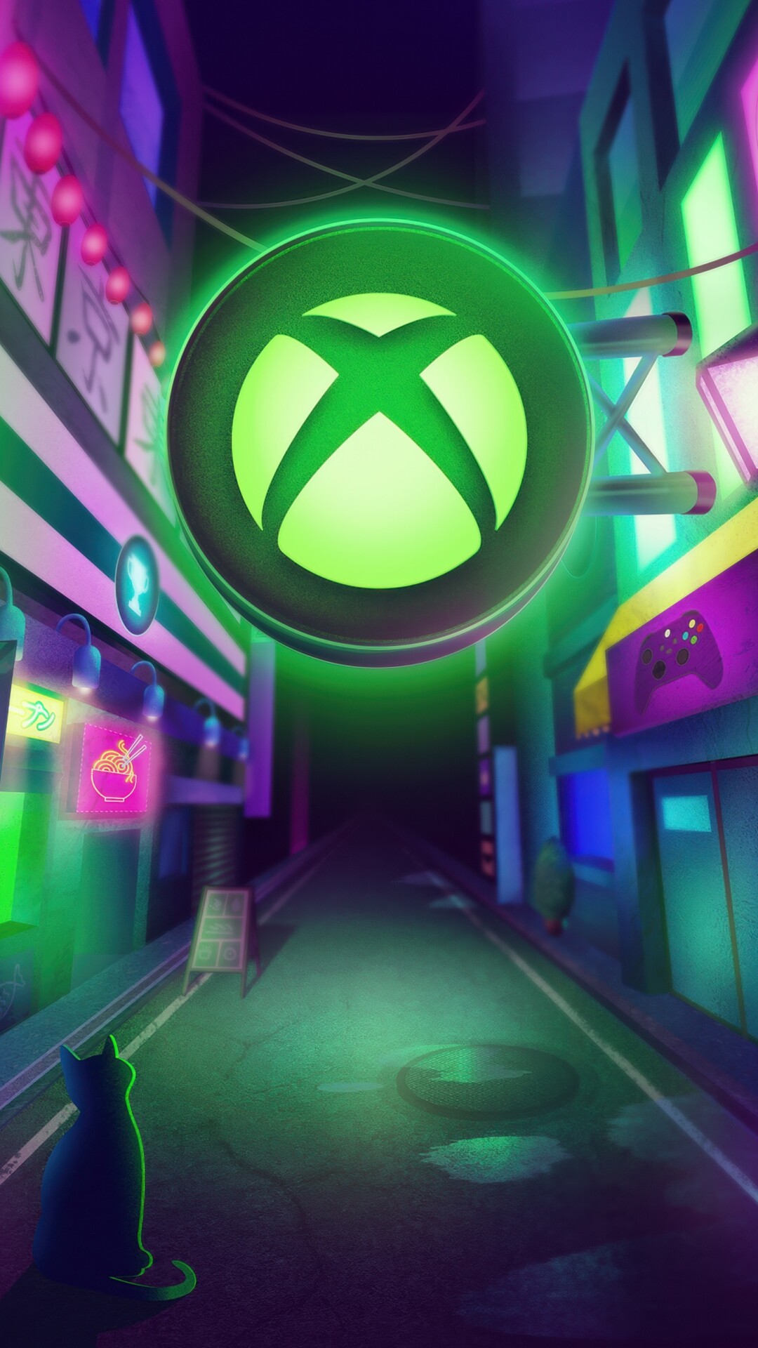 A cat positioned in a brightly lit cyberpunk street with neon lights and an Xbox logo.