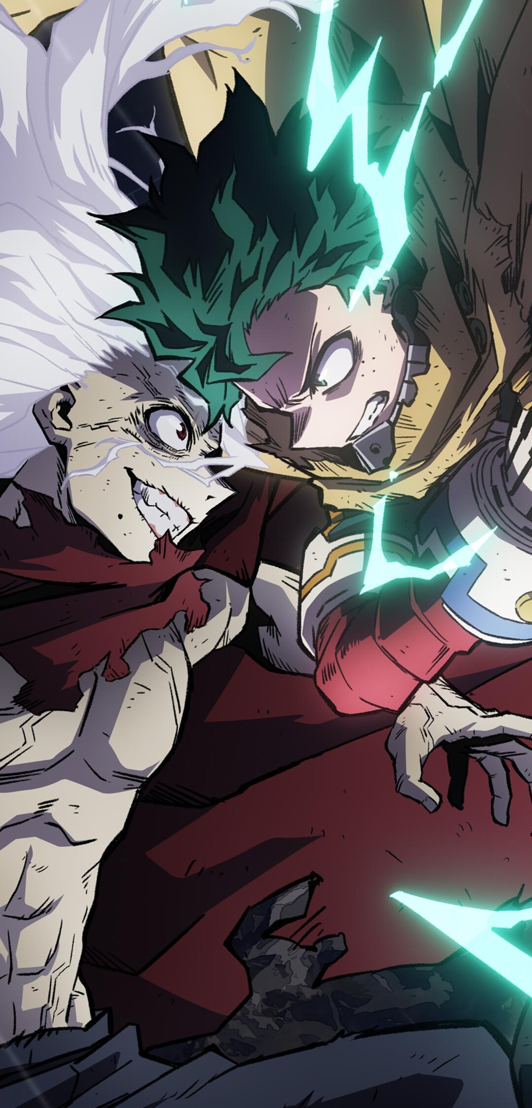 A cinematic battle between Izuku Midoriya (Deku) and Tomura Shigaraki from My Hero Academia.