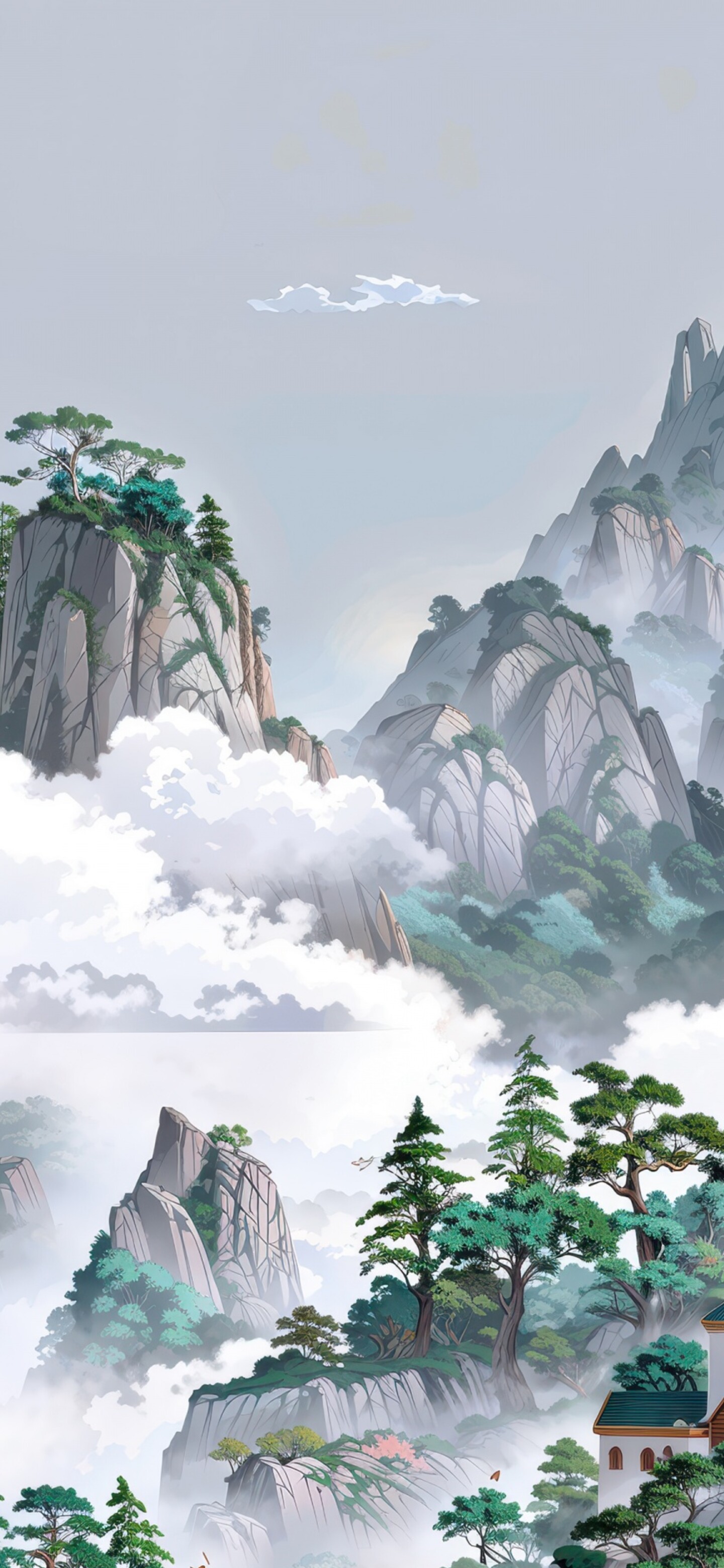 A majestic Asian temple nestled among high mountain peaks and dense clouds in a surreal fantasy setting.
