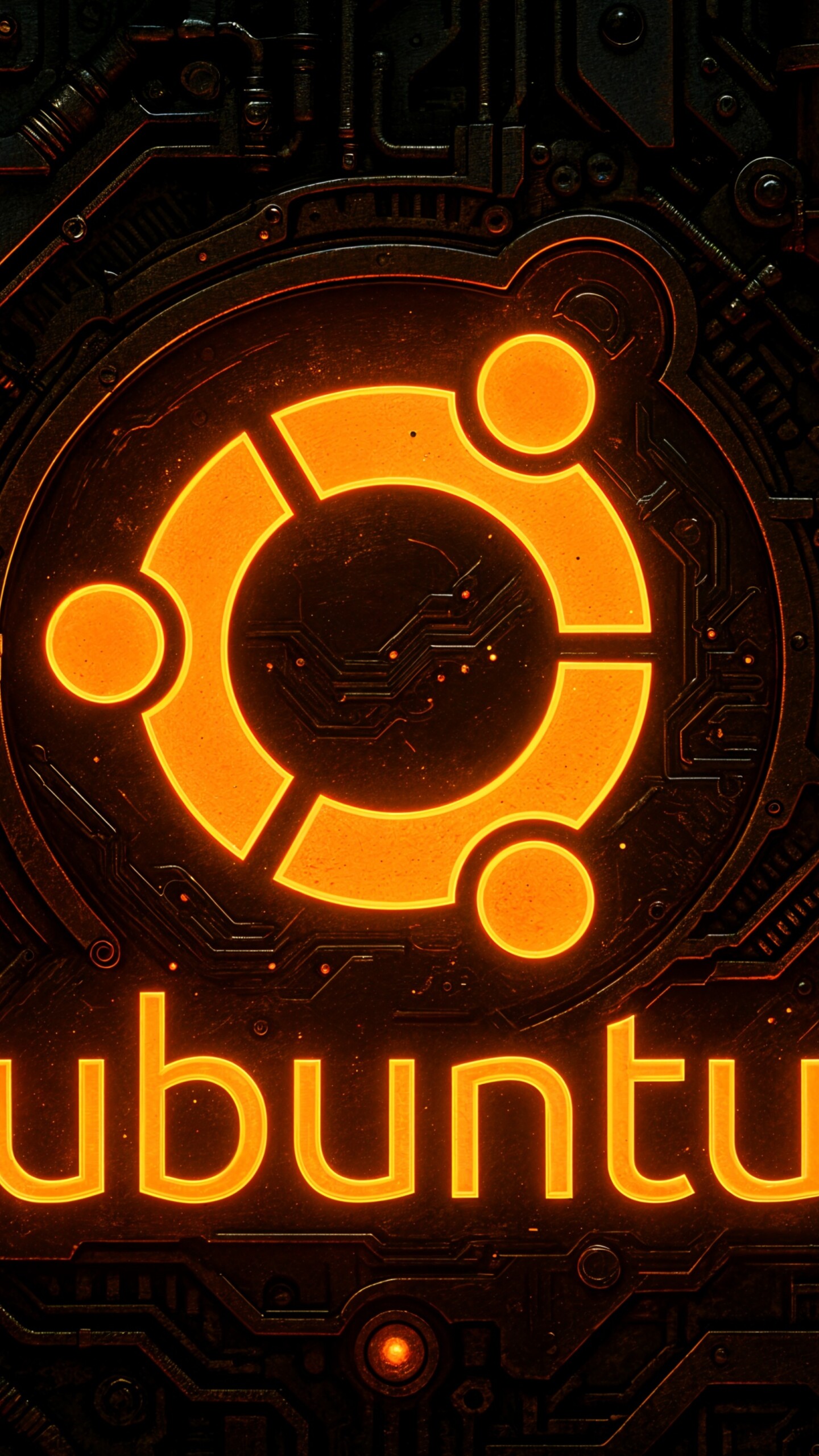 A glowing neon-style Ubuntu logo centered on a dark, futuristic, and high-tech background.