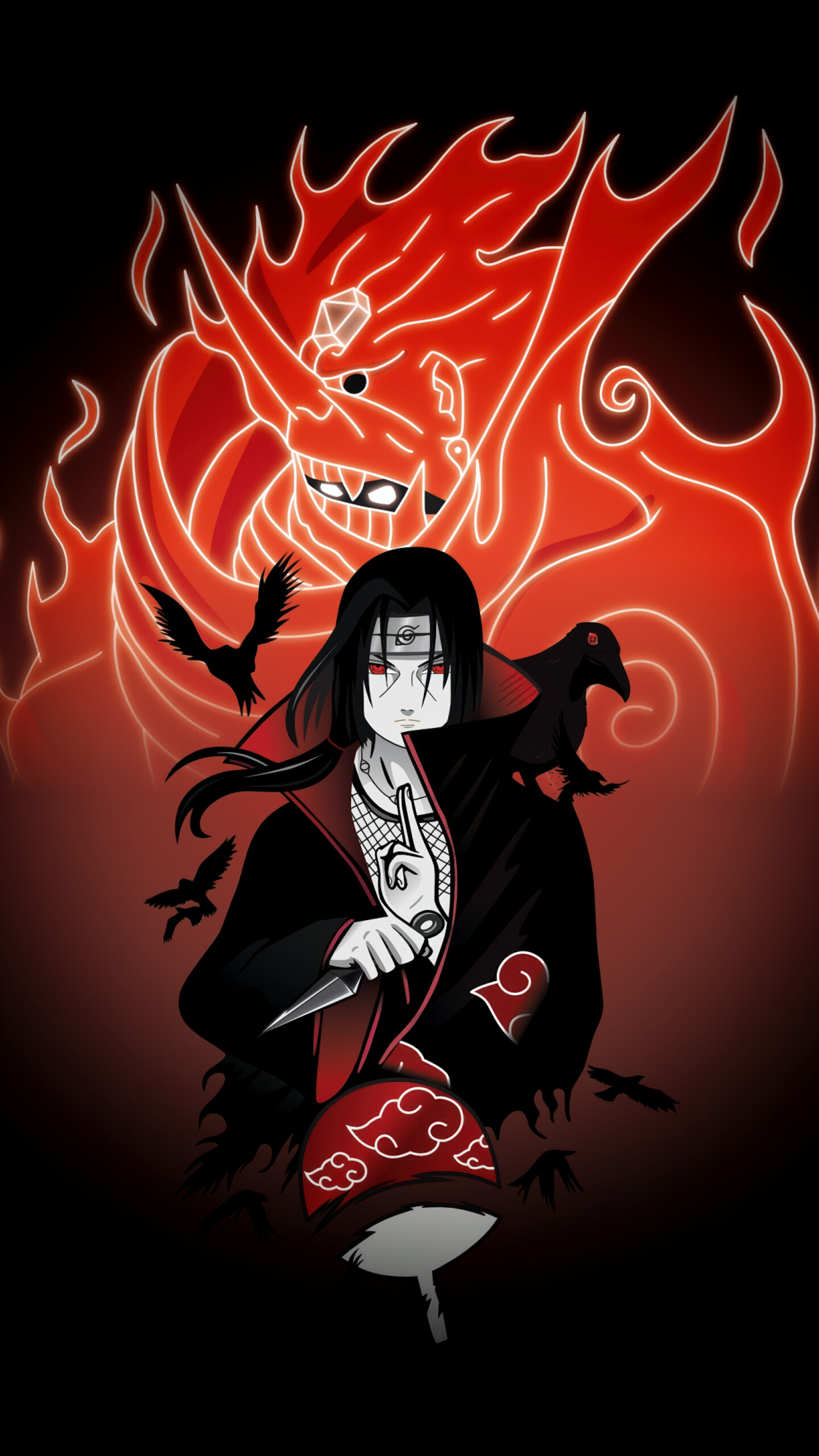 Itachi Uchiha from Naruto featuring a glowing red Sharingan eye and red Susanoo aura