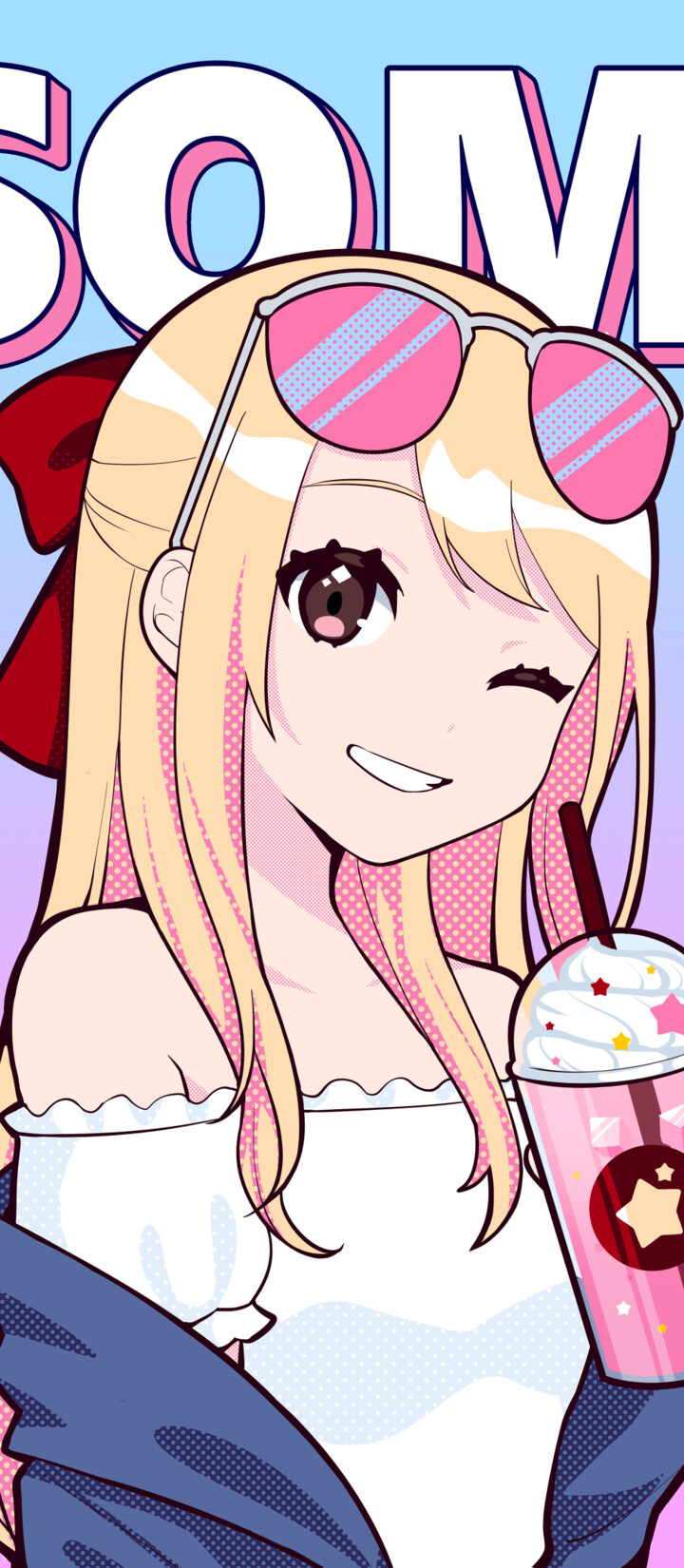 Anime-style portrait of Jeon Somi winking with sunglasses and holding kawaii boba tea against a gradient background.