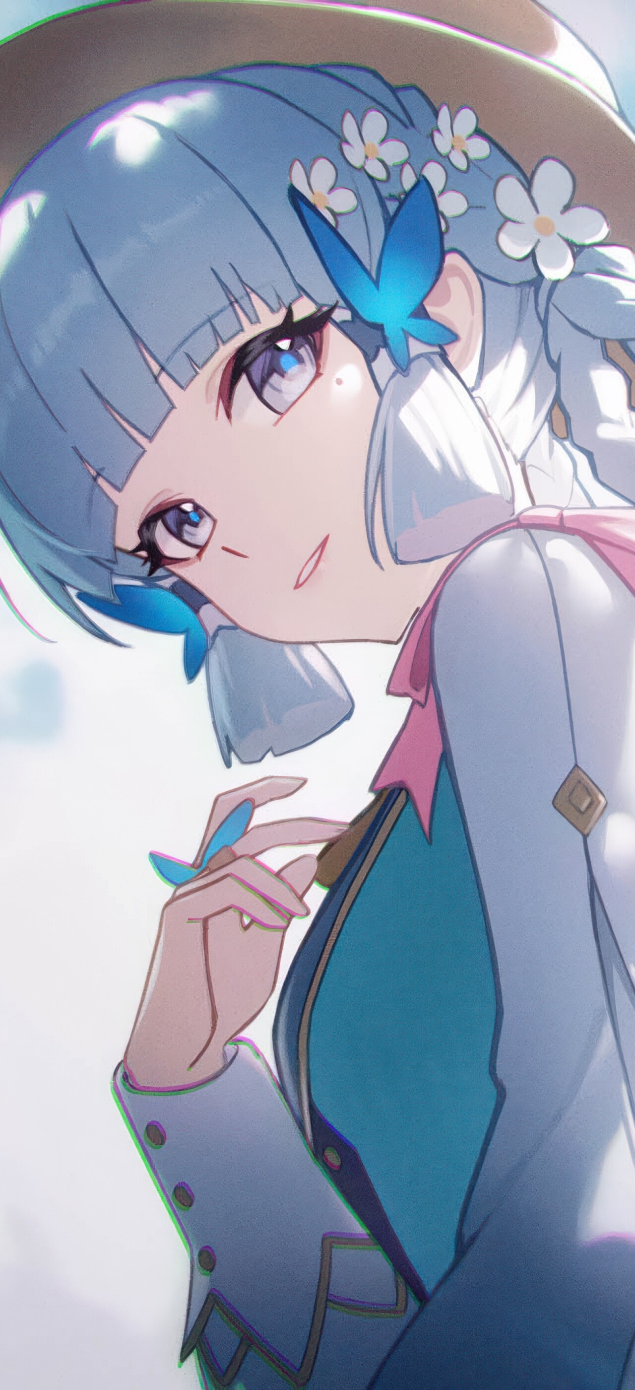 Kamisato Ayaka from Genshin Impact smiling with blue hair and a hat