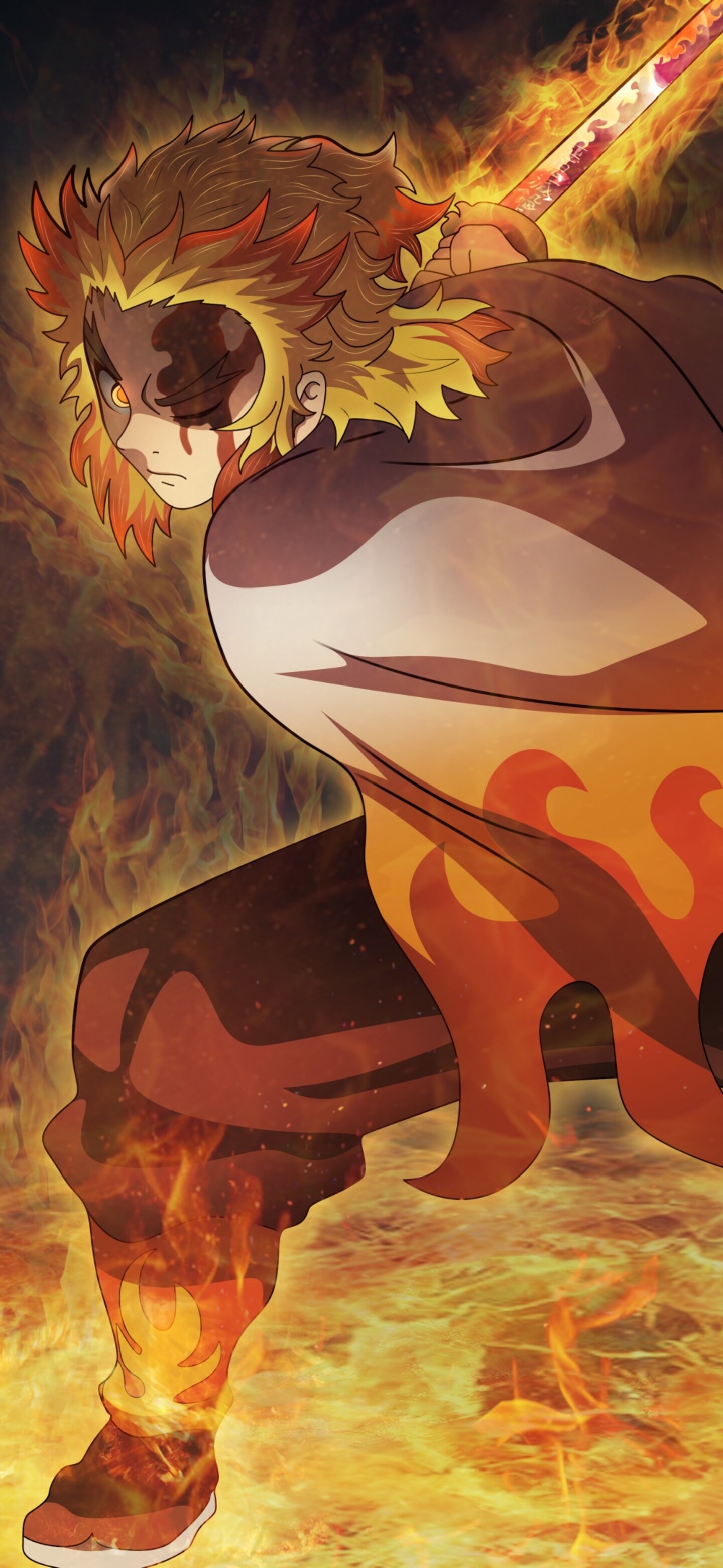 Kyojuro Rengoku from Demon Slayer: Kimetsu no Yaiba surrounded by intense orange and red flames and fire effects.