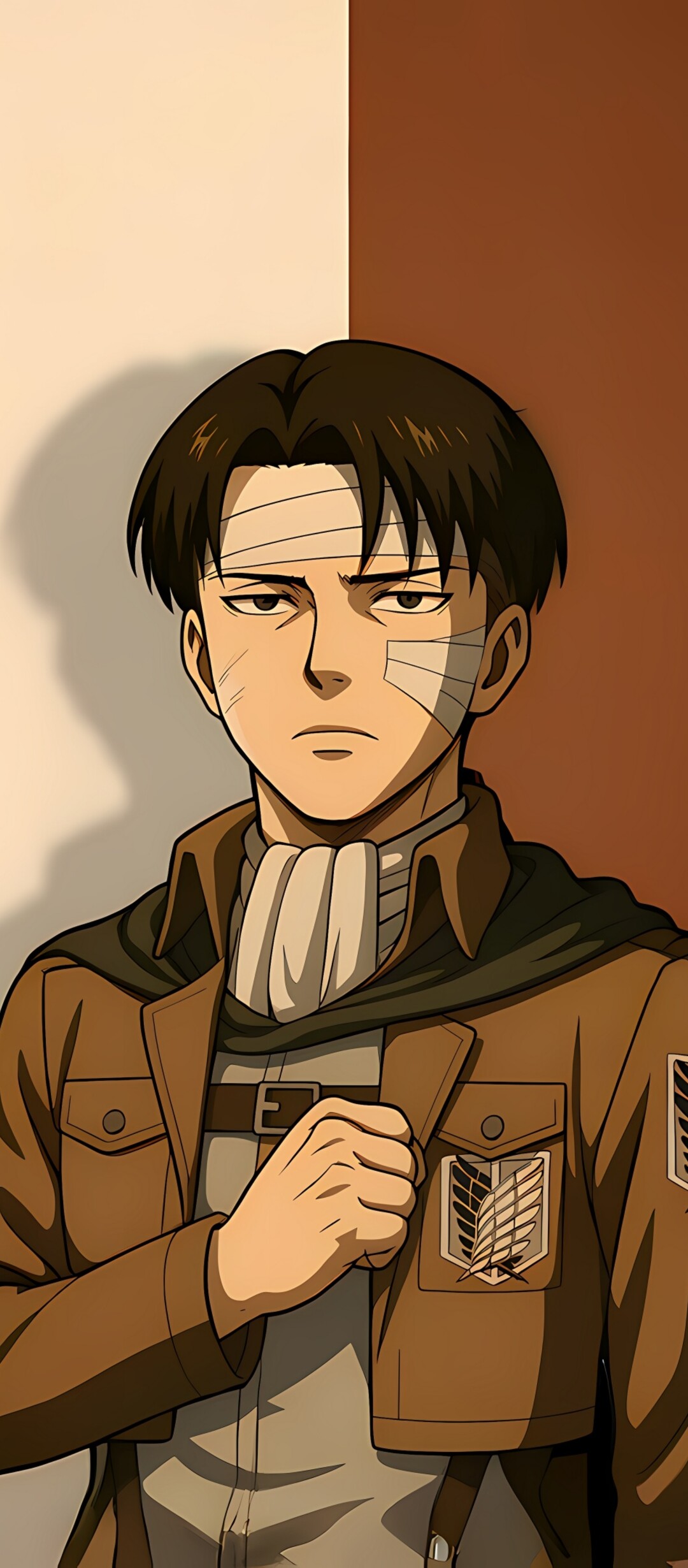 A minimalist high-resolution portrait of Levi Ackerman from Attack on Titan wearing the Survey Corps uniform.