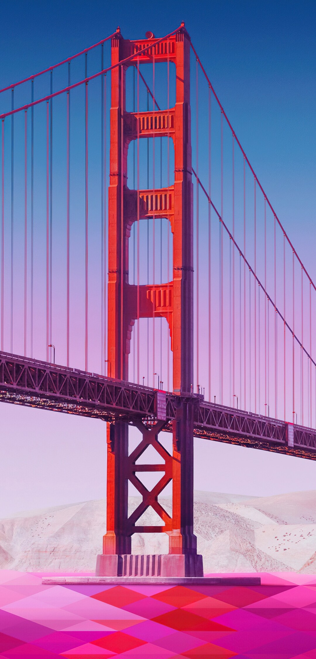 A low poly vector illustration of the Golden Gate Bridge featuring a vibrant pink aesthetic and geometric design.