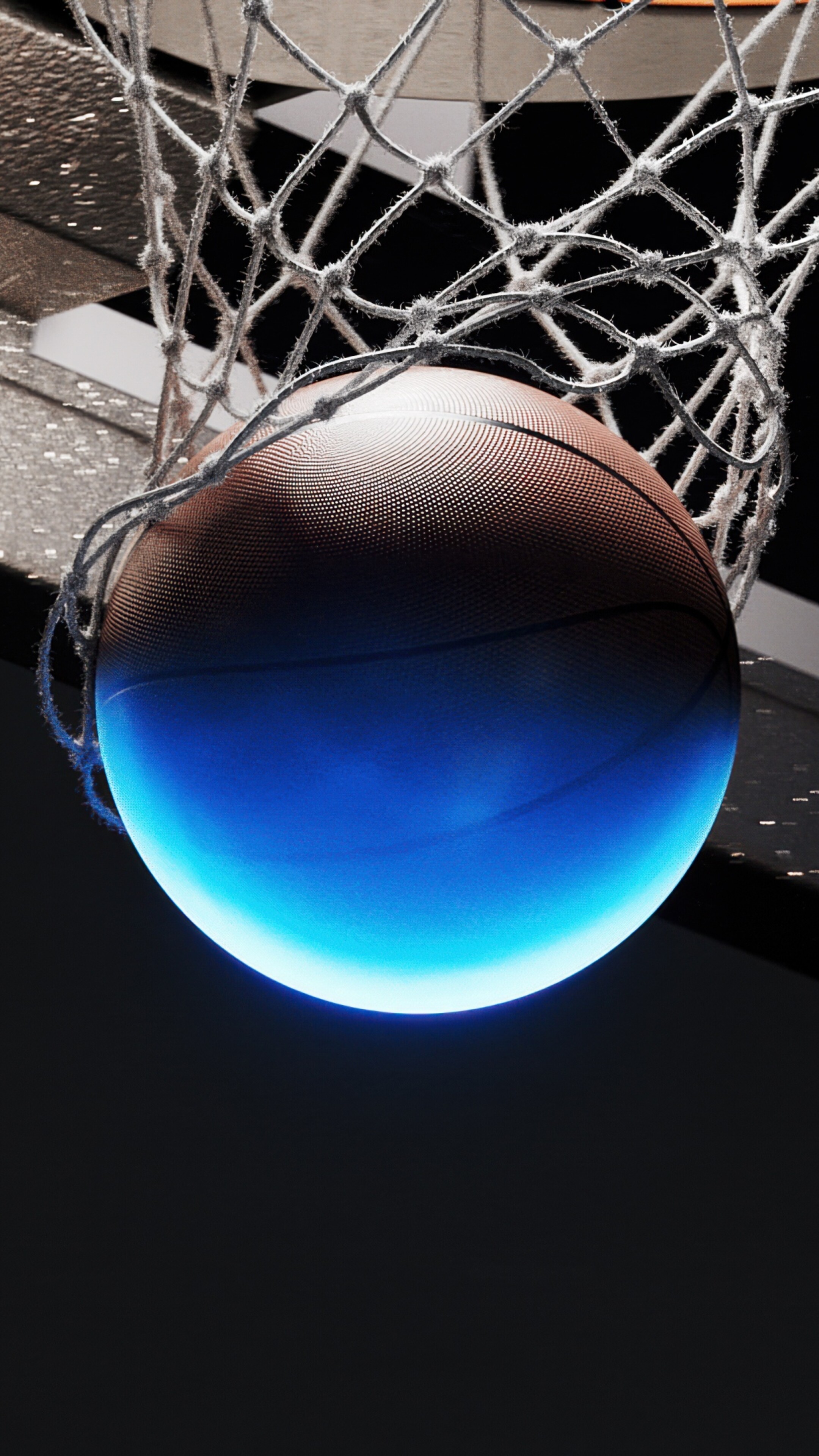A minimalist, glowing basketball hoop and backboard set against a dark, cinematic background.