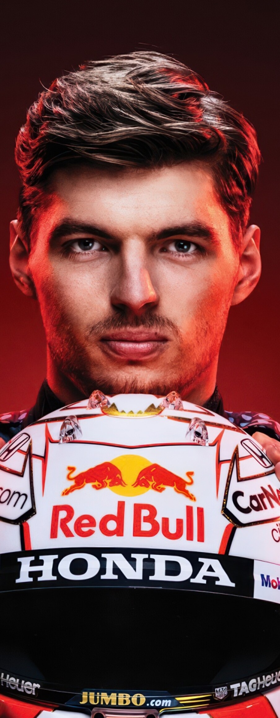 A high-resolution, dramatic close-up of Max Verstappen wearing a Red Bull Racing helmet.