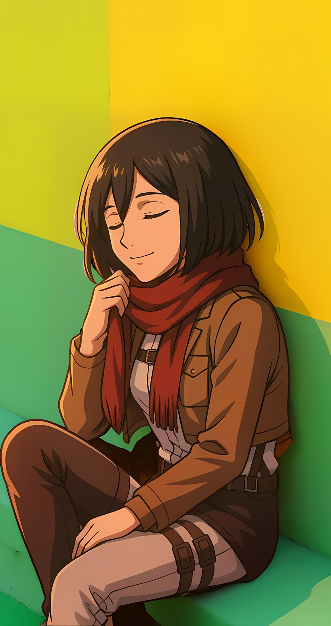 A peaceful, geometric-style portrait of Mikasa Ackerman from the anime Attack on Titan.