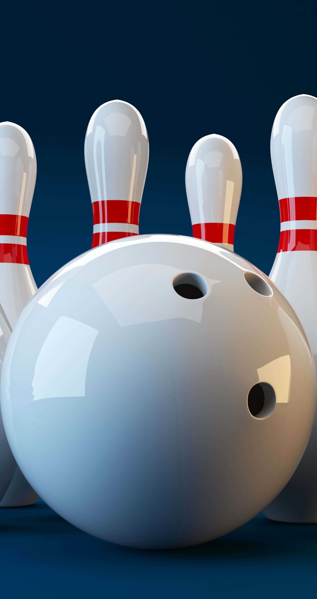 White bowling pins and a bowling ball set against a bright blue background.