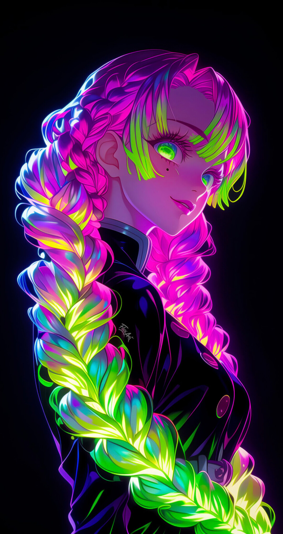 Neon light style illustration of Mitsuri Kanroji from Demon Slayer: Kimetsu no Yaiba on a black background.