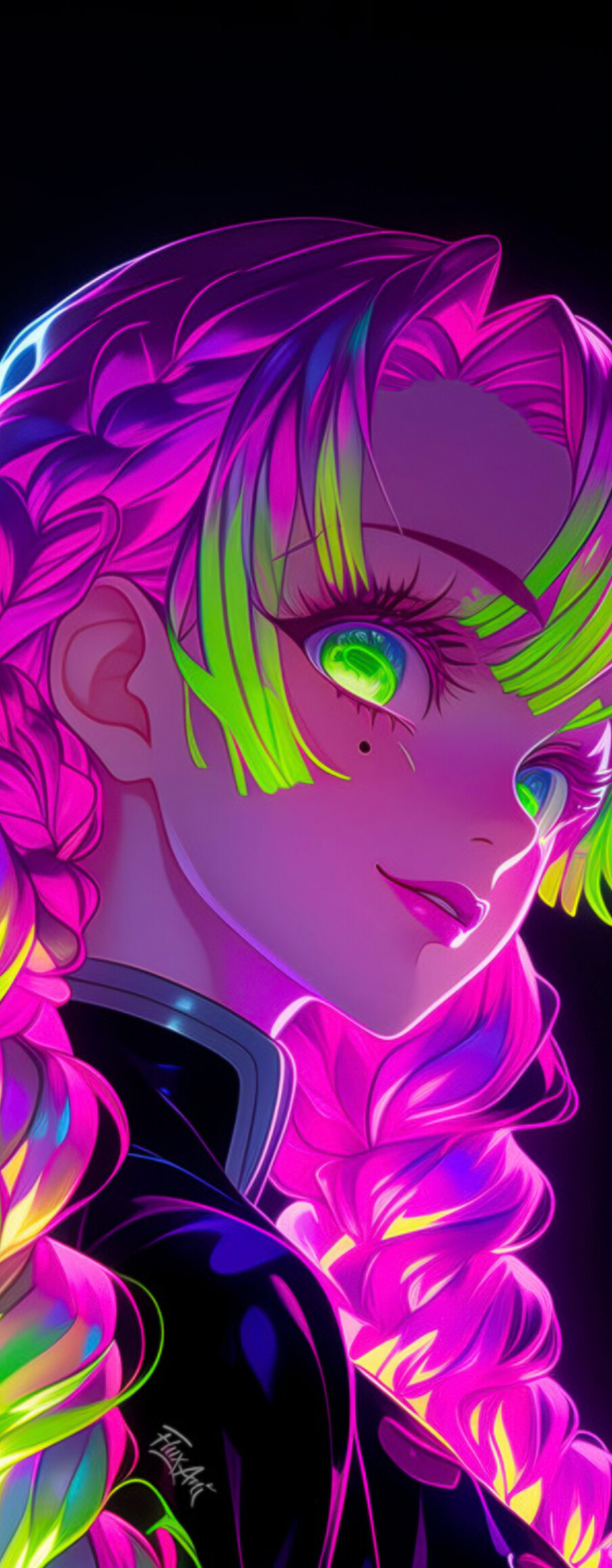 Neon glowing portrait of Mitsuri Kanroji from Demon Slayer: Kimetsu no Yaiba on a black background