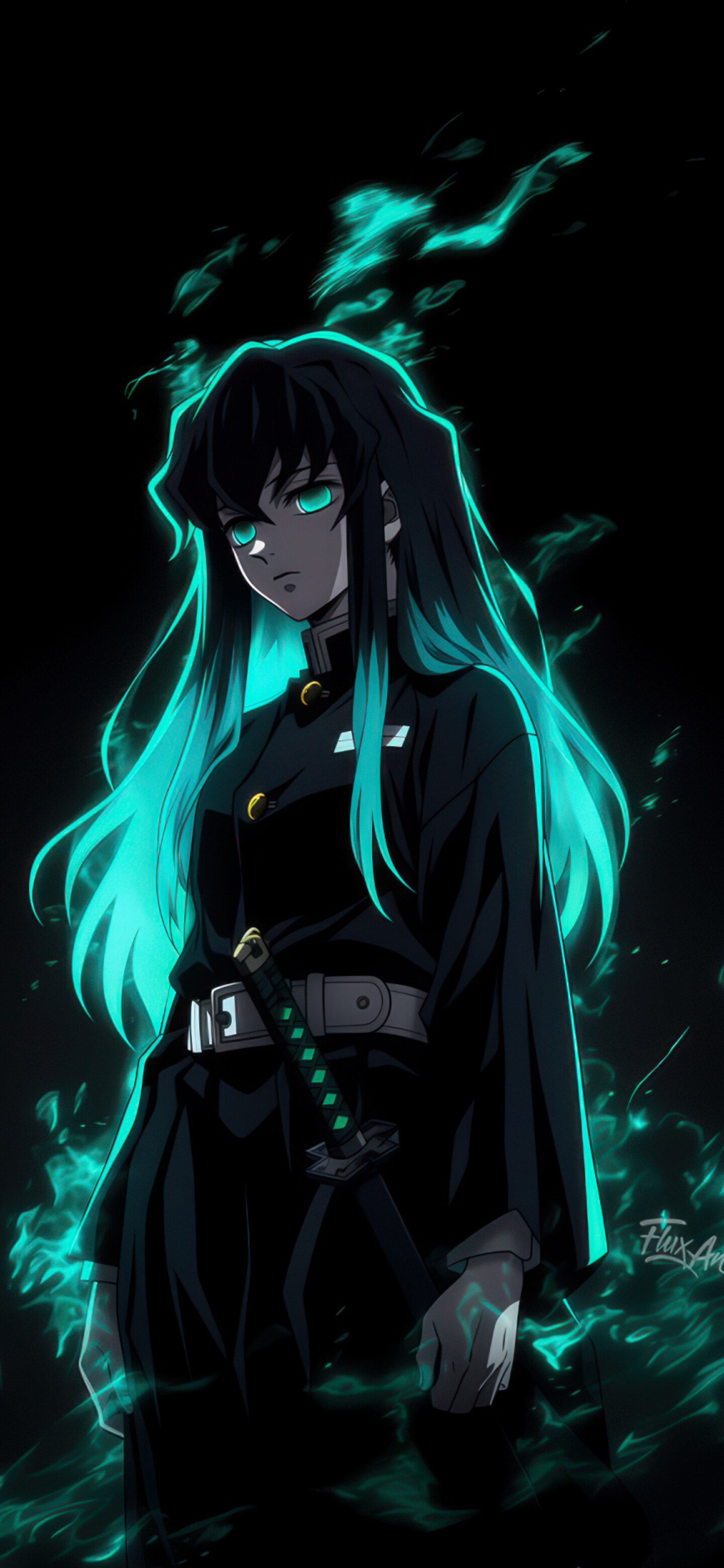 Muichiro Tokito from Demon Slayer: Kimetsu no Yaiba with neon glow effect and dark aesthetic