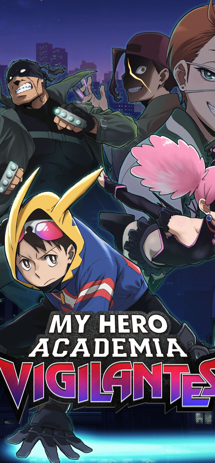 Anime poster featuring Knuckleduster, Koichi Haimawari, and Kazuho Haneyama from My Hero Academia: Vigilantes.