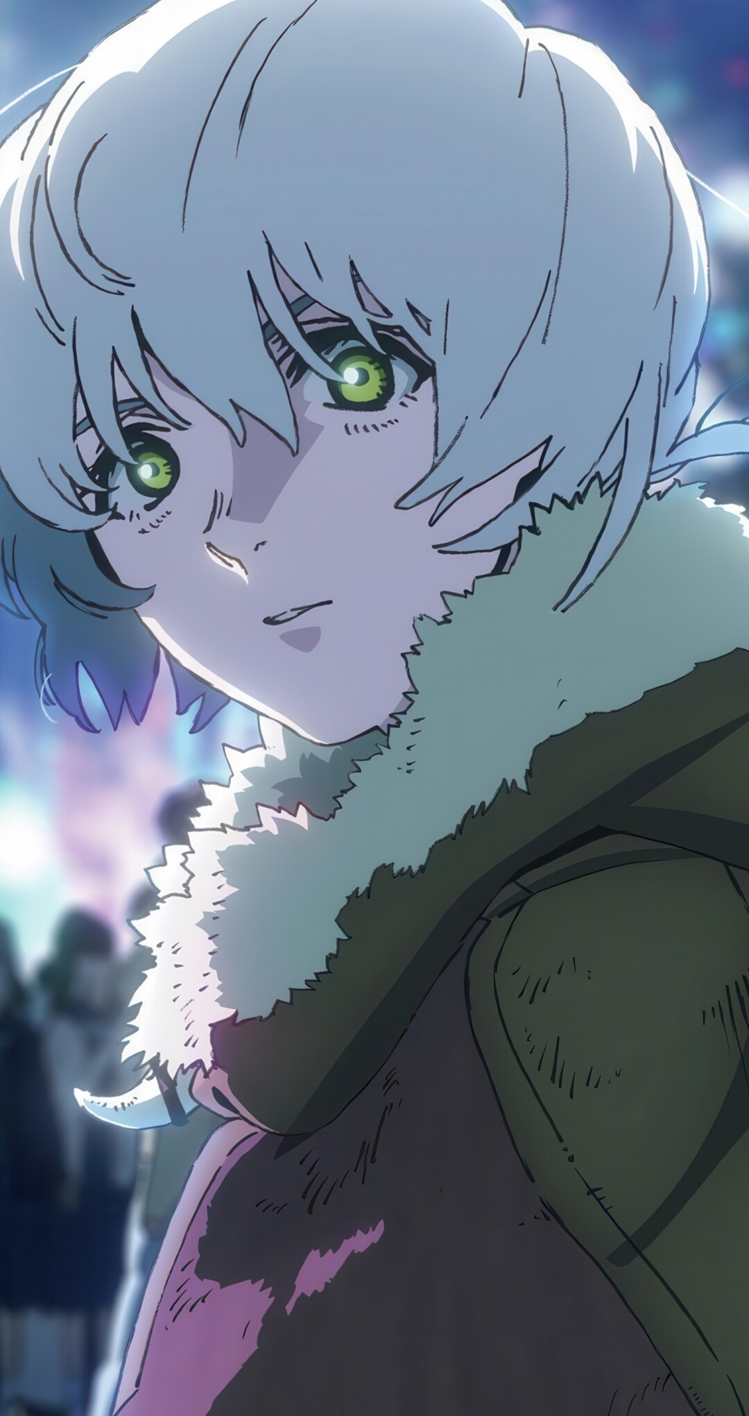 An anime-style character with glowing cyan eyes and advanced cybernetic armor in a vibrant cyberpunk city.