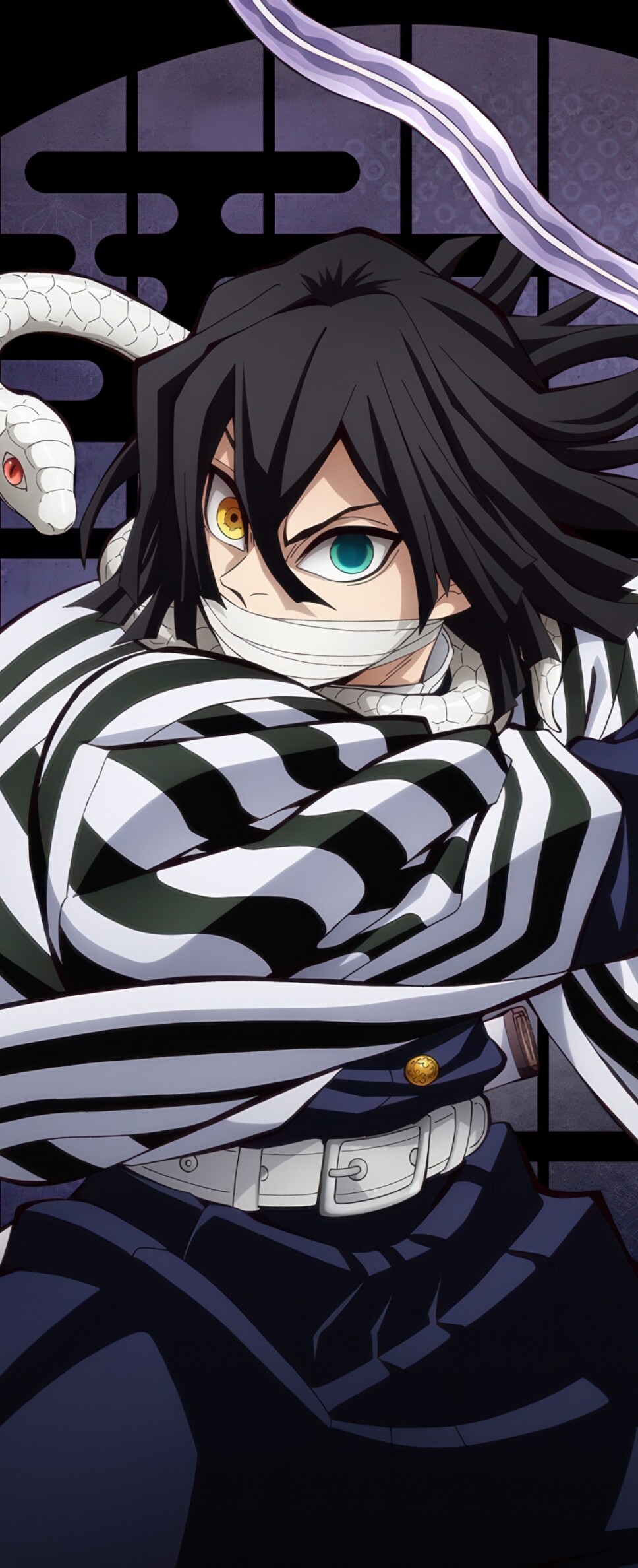 Obanai Iguro from Demon Slayer: Kimetsu No Yaiba against a black background in the Infinity Castle