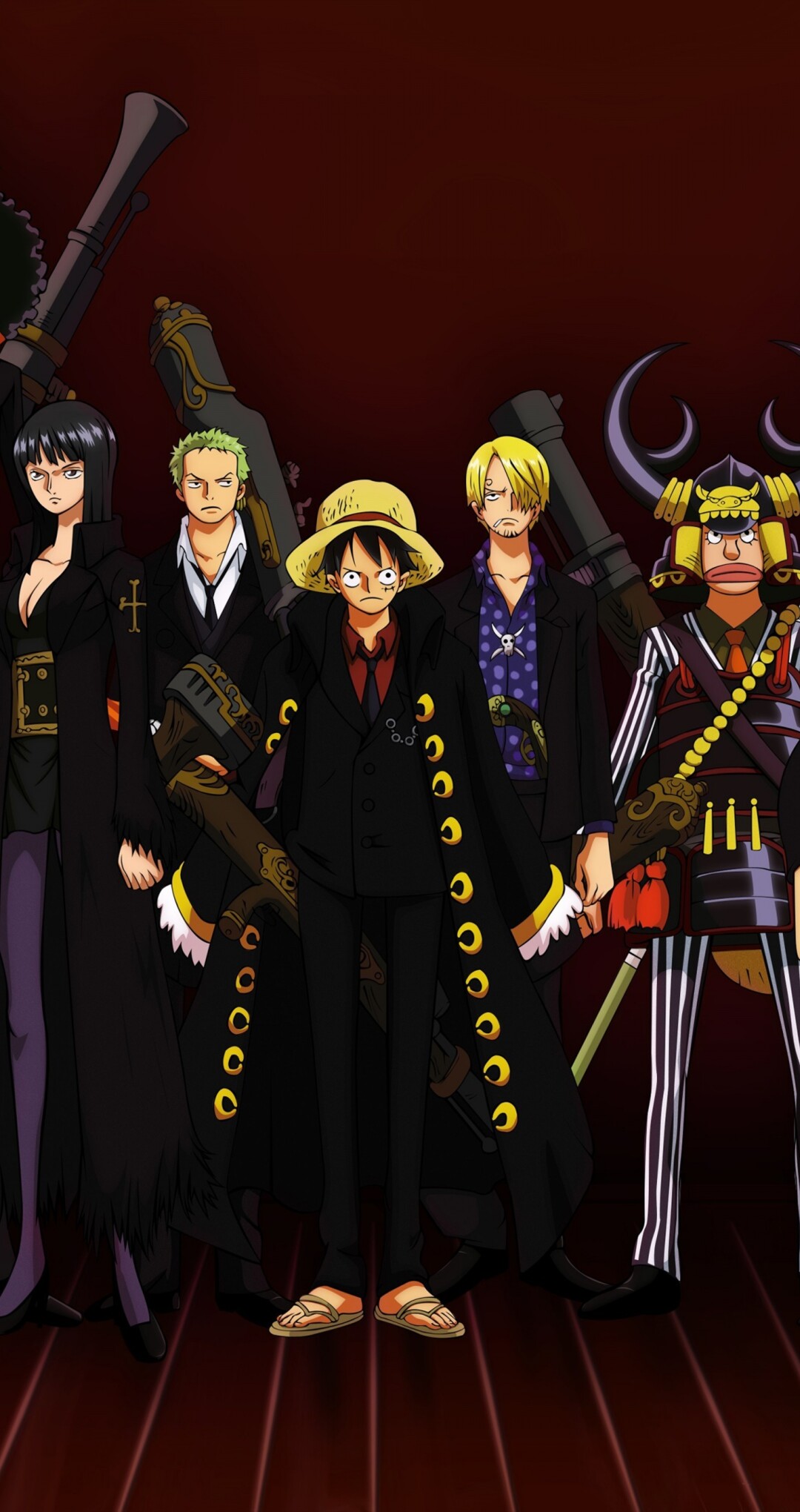 An epic anime poster featuring Monkey D. Luffy, Roronoa Zoro, Sanji, Usopp, and Nami from the One Piece series.
